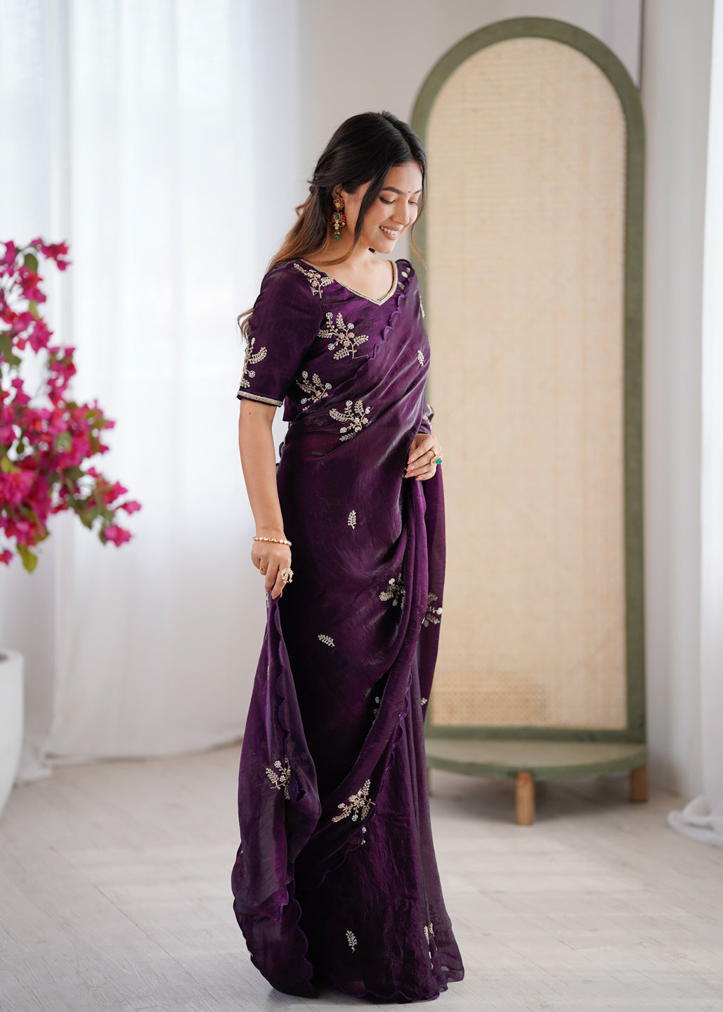 Evanik Designer Heavy Fendy Satin With Beads Embroidered Work Saree With Unstitched Blouse - Distacart