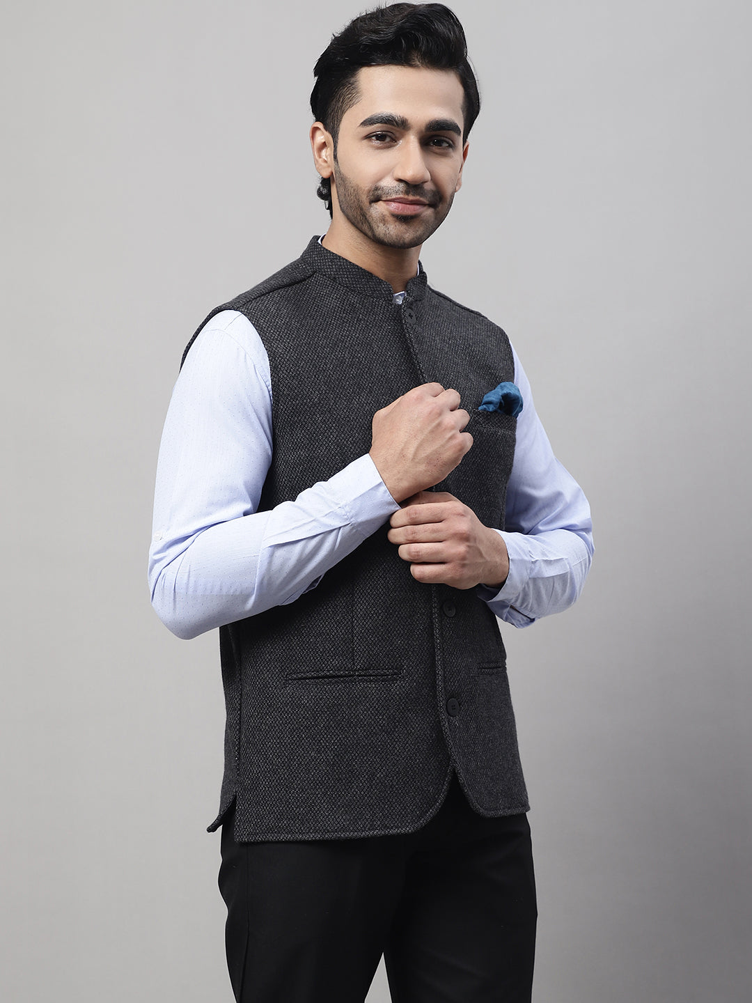 Even Apparels Men's Grey Pure Wool Nehru Jacket