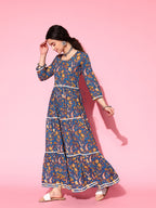 InWeave Women's Blue Floral Print Dress With Lace - Distacart