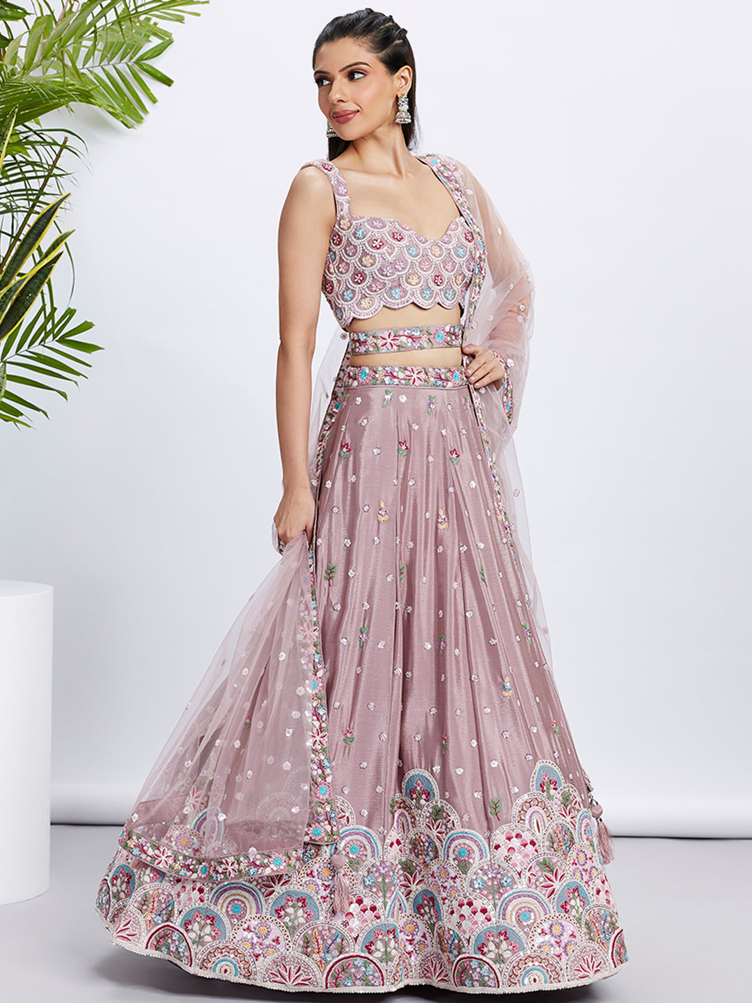 House of Panchhi Lavender Georgette Sequins And Thread Embroidery Lehenga Choli & Dupatta
