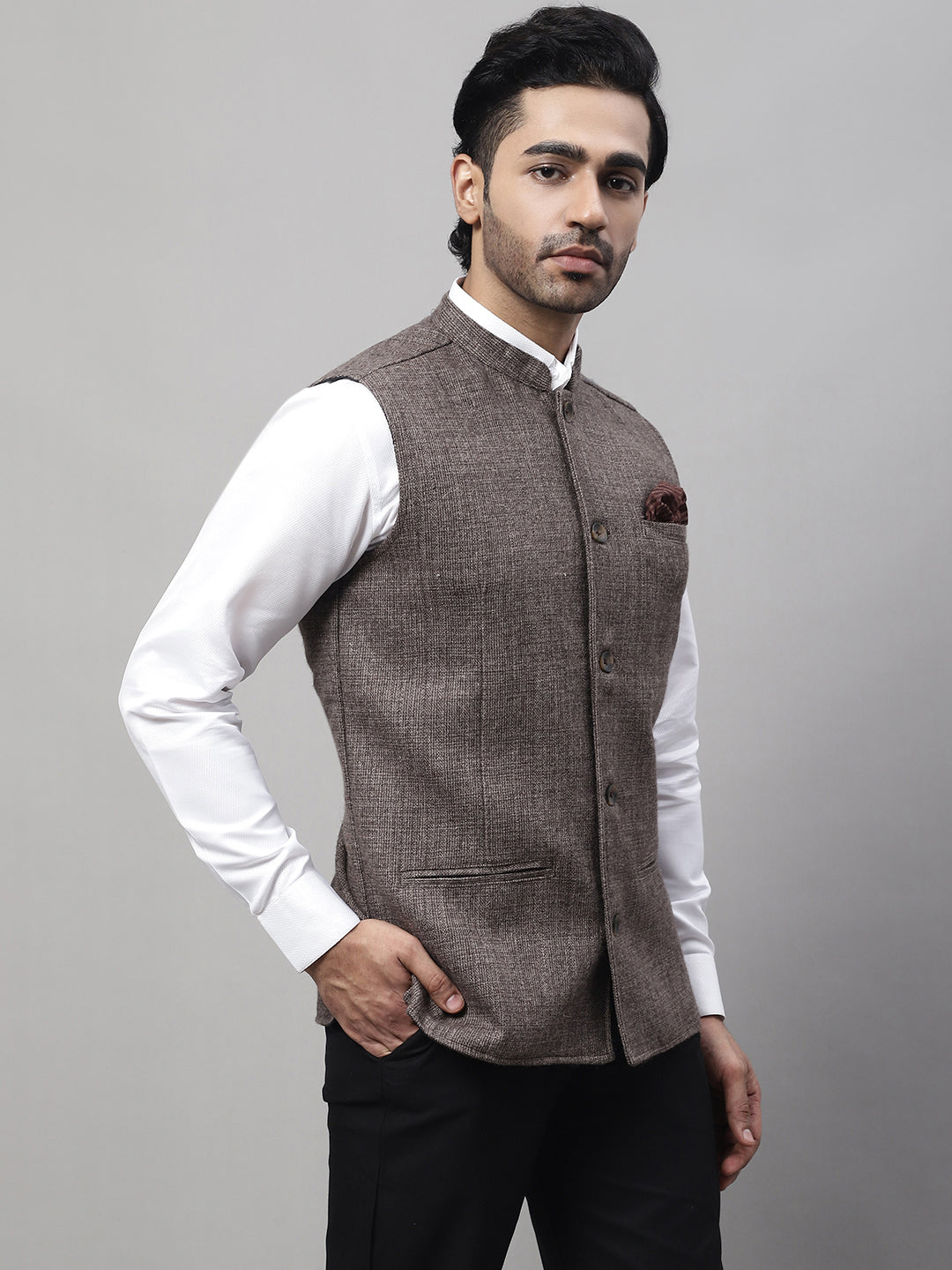 Even Apparels Men's Brown Nehru Jacket With Welt Pockets