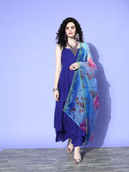 InWeave Women's Strappy Set In Ink Blue With Blue  Fuschia Floral Organza Dupatta