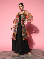 InWeave Black Strappy Set With Green Floral Organza Cape