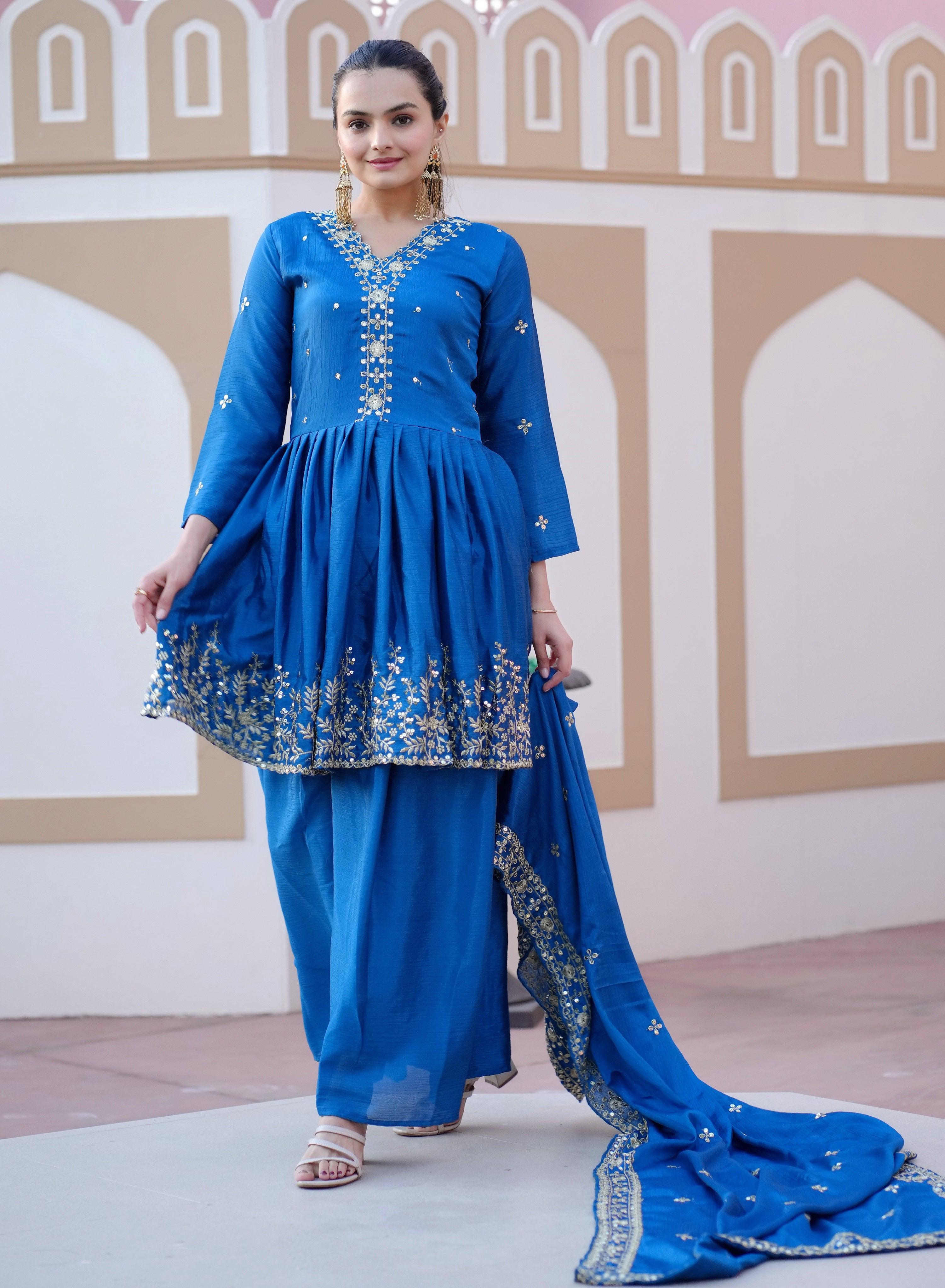 Yash Enterprise Glorious Blue Chinon Silk Embroidery Work Readymade Salwar Suit - Distacart