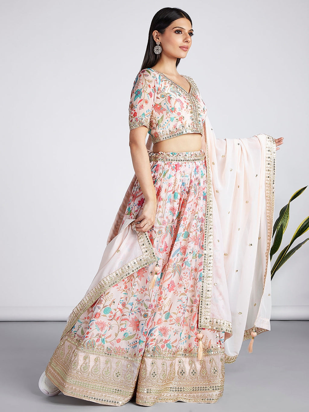 House of Panchhi Cream Colour Organza Floral Design Digital Print Lehenga Choli & Dupatta