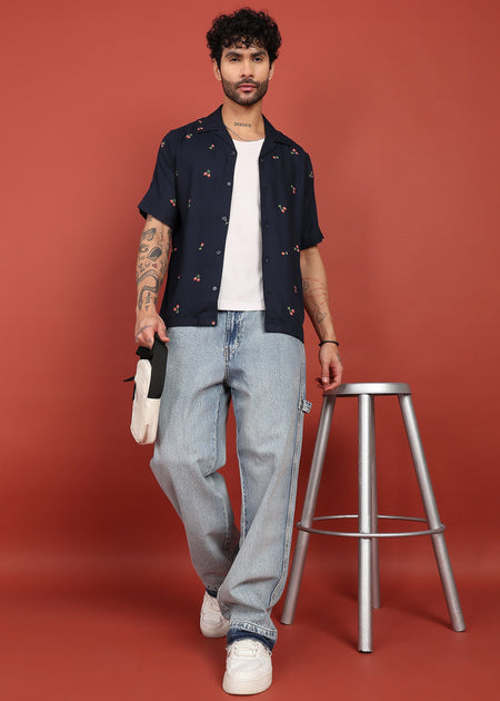 Fabmade Midnight Cherry Printed Cuban Collar Shirt
