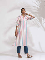 trueBrowns Off-White Cotton Multi Stripe A-line Kurta Set - Distacart