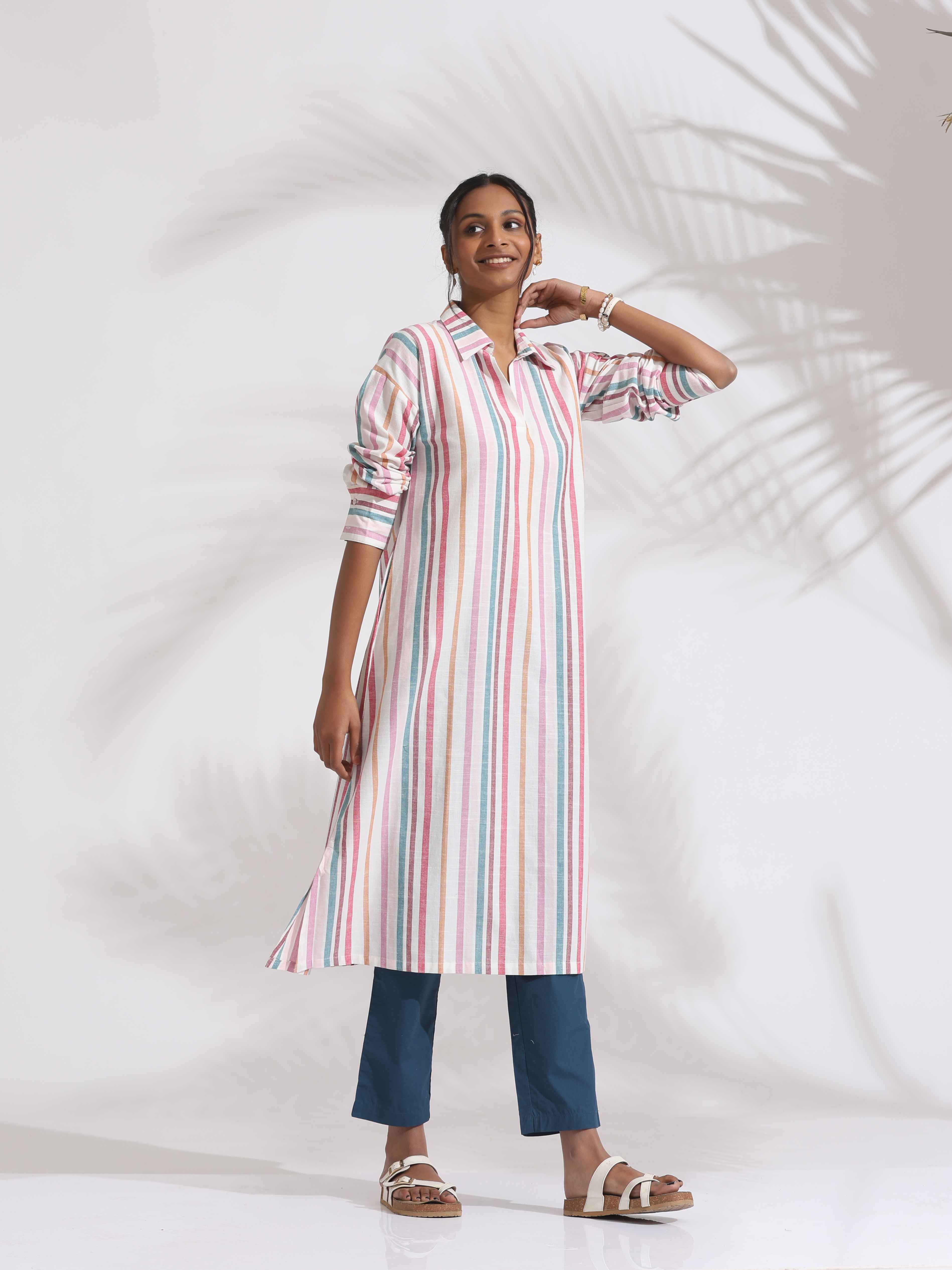 trueBrowns Off-White Cotton Multi Stripe A-line Kurta Set - Distacart