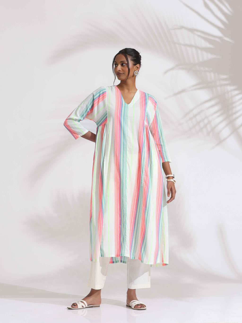 trueBrowns Off-White Cotton Multi Stripe Flared Kurta Set - Distacart
