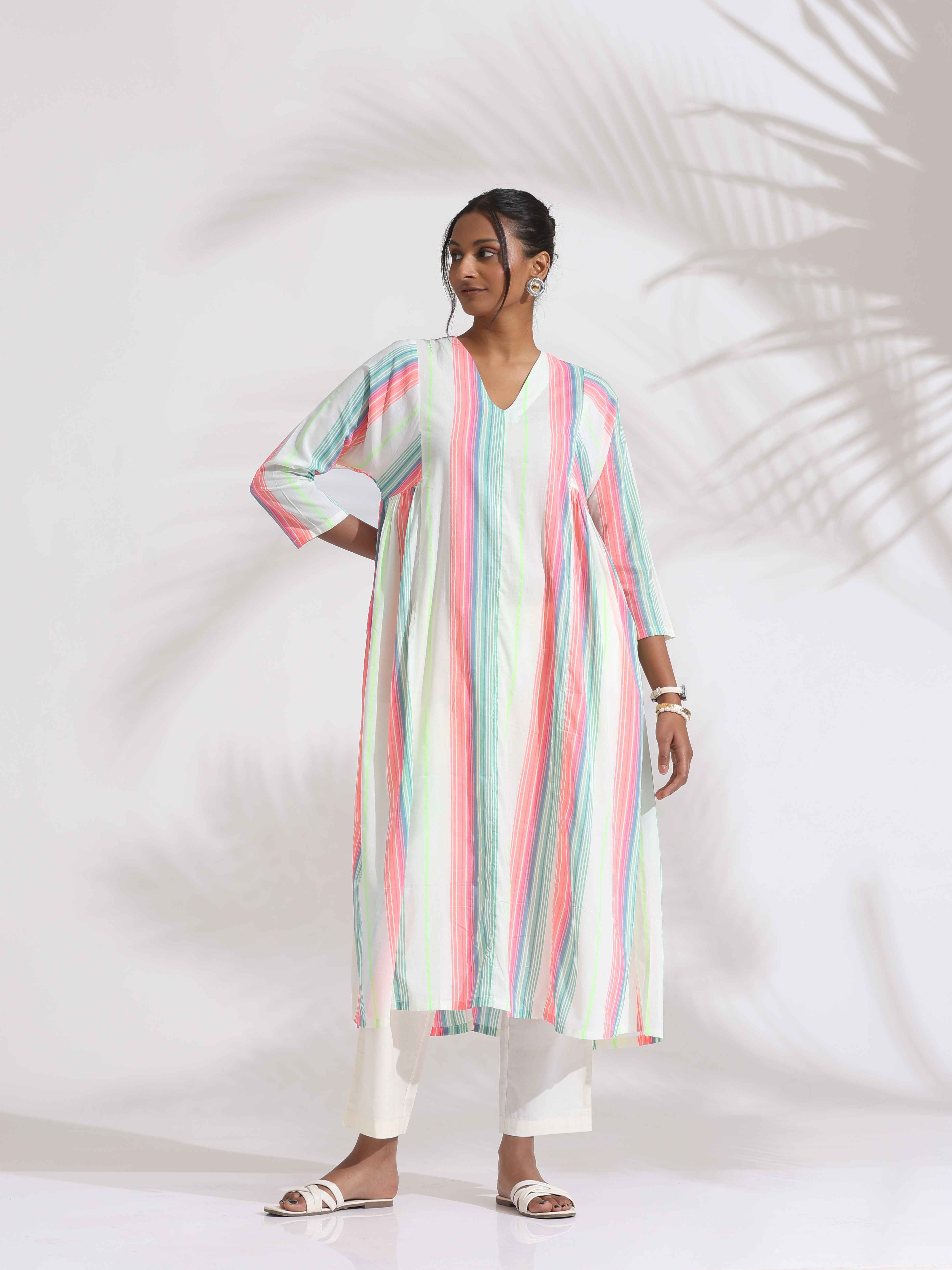 trueBrowns Off-White Cotton Multi Stripe Flared Kurta Set - Distacart