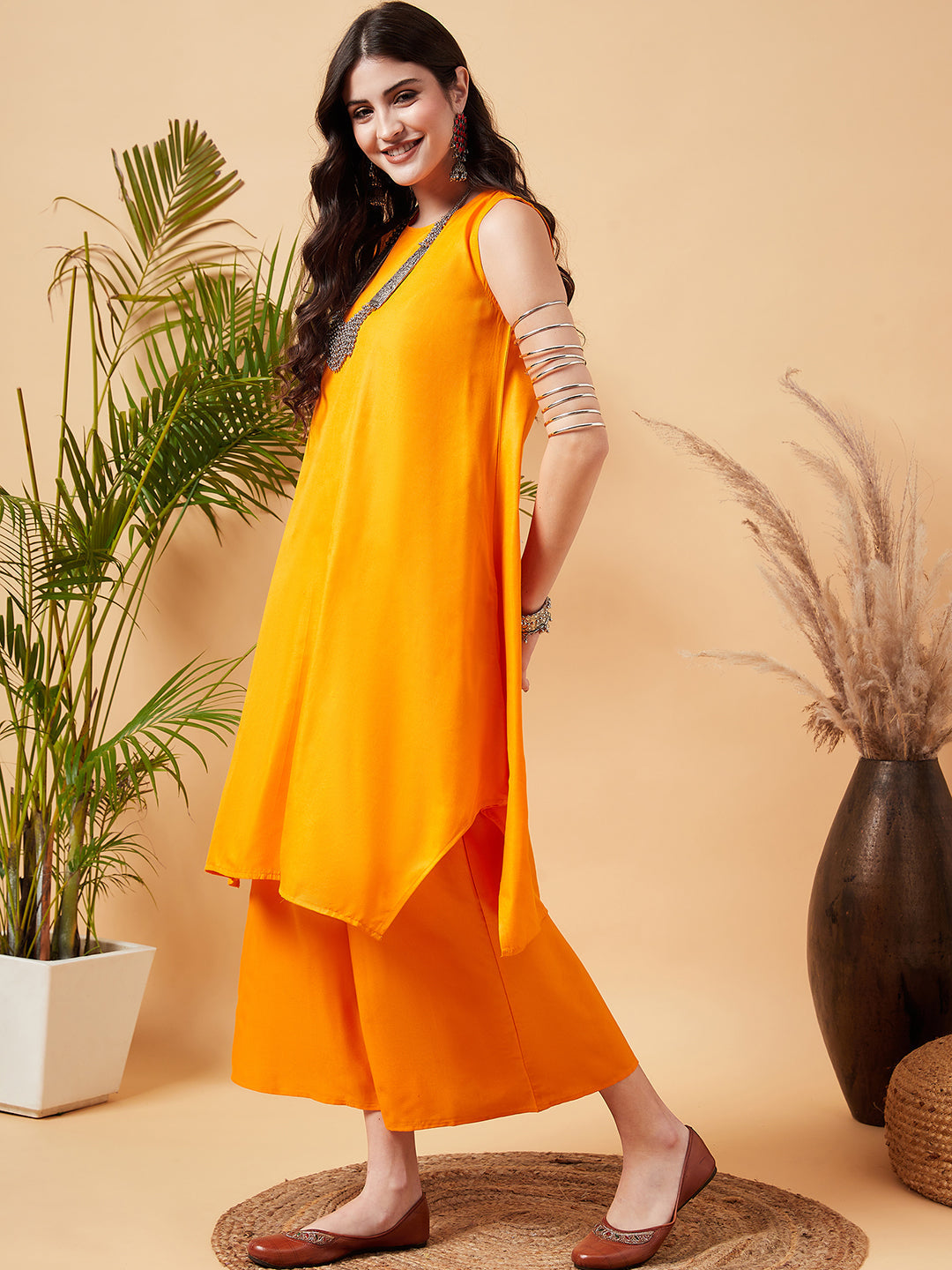 InWeave Women's Tangy Orange Short Kurta Palazzo Set