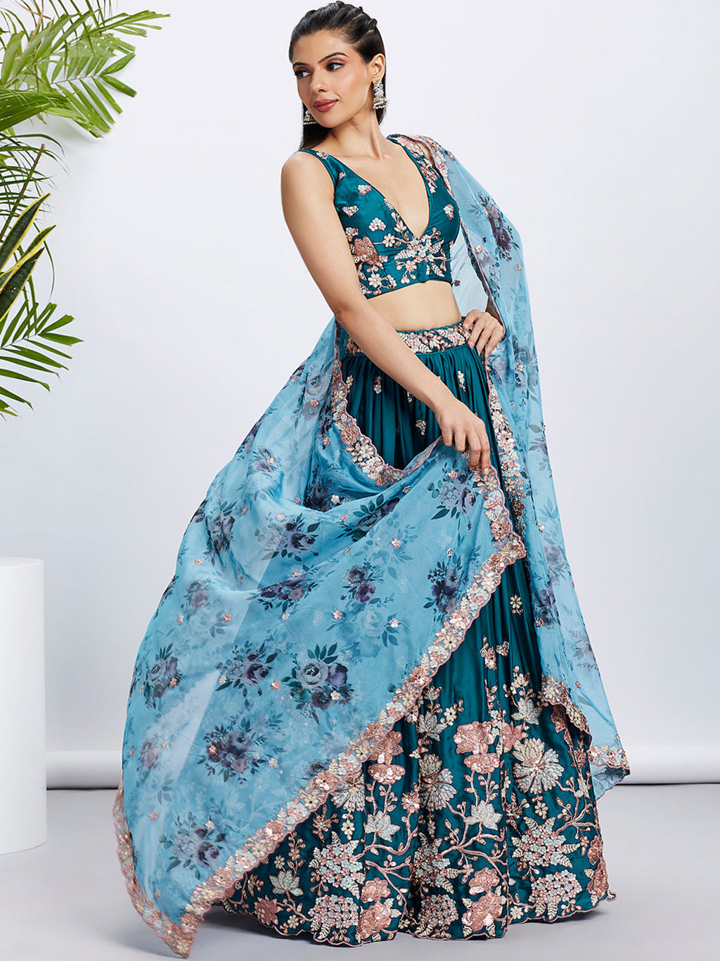 House of Panchhi Olive Pure Georgette Sequins And Thread Embroidery Lehenga Choli & Dupatta