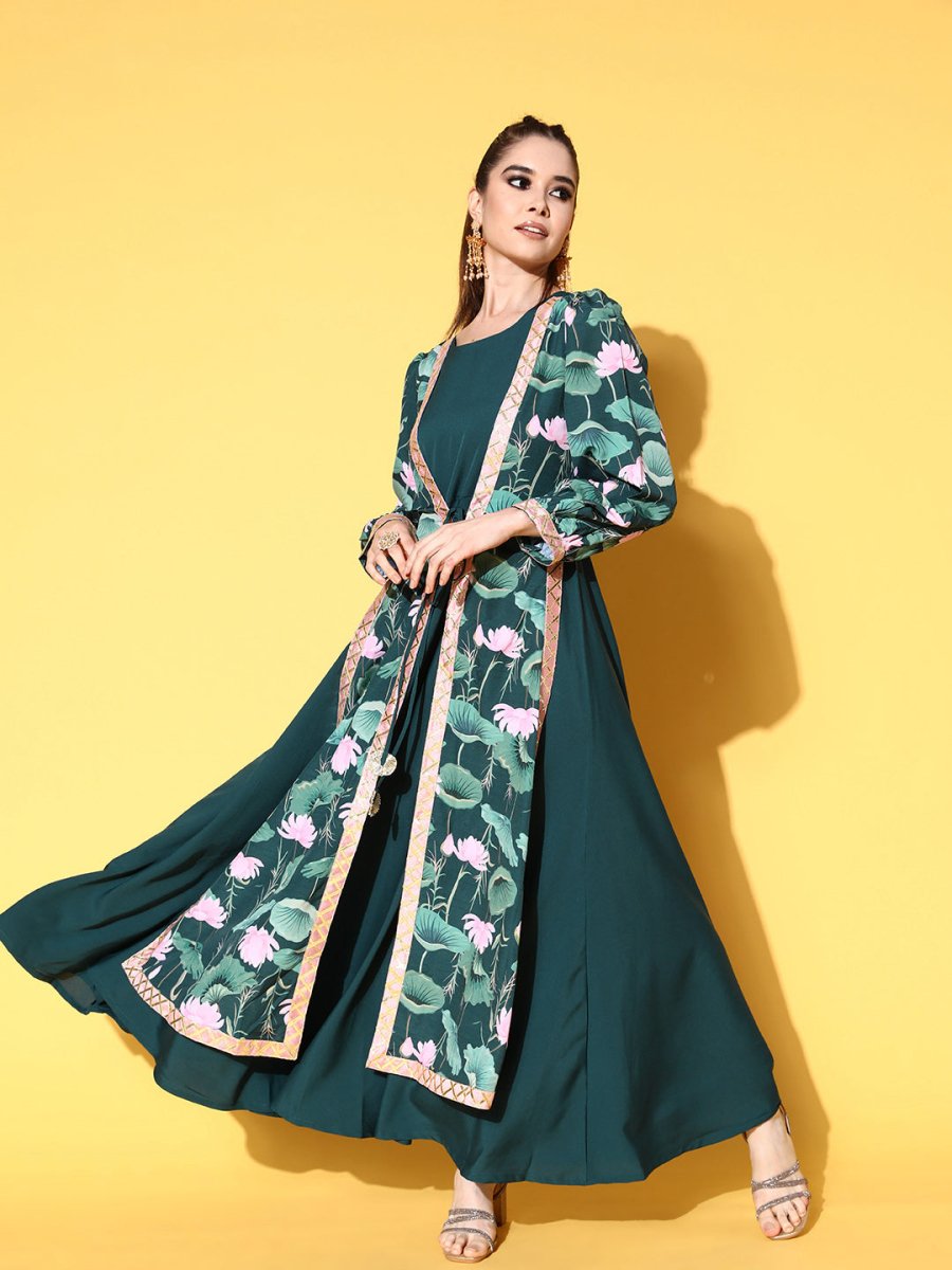 Ahalyaa Green Crepe Puff Sleeves Floral Printed Maxi Ethnic Dress with Waist Tie-Ups - Distacart