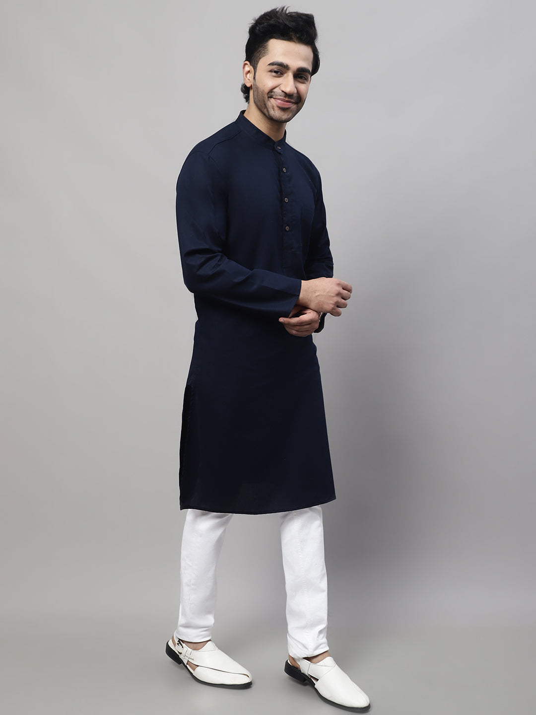 Even Apparels Blue Pure Cotton Kurta With Band Collar - Distacart