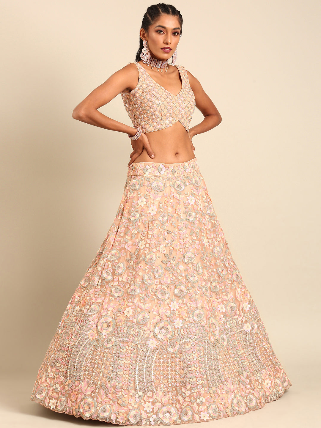 House of Panchhi Peach Net Multi Sequins with heavy Zarkan embroidery Lehenga choli & Dupatta