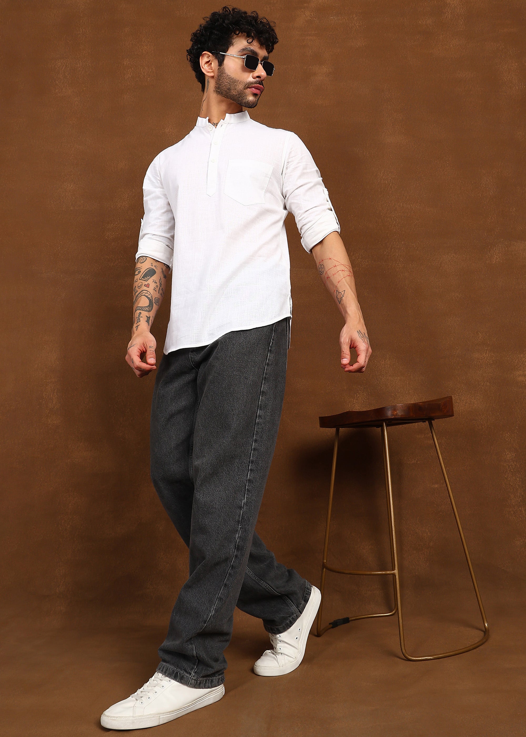 Fabmade Pure Ivory Linen Short Kurta
