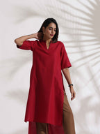 trueBrowns Maroon Slub Highslit Kurta Set - Distacart