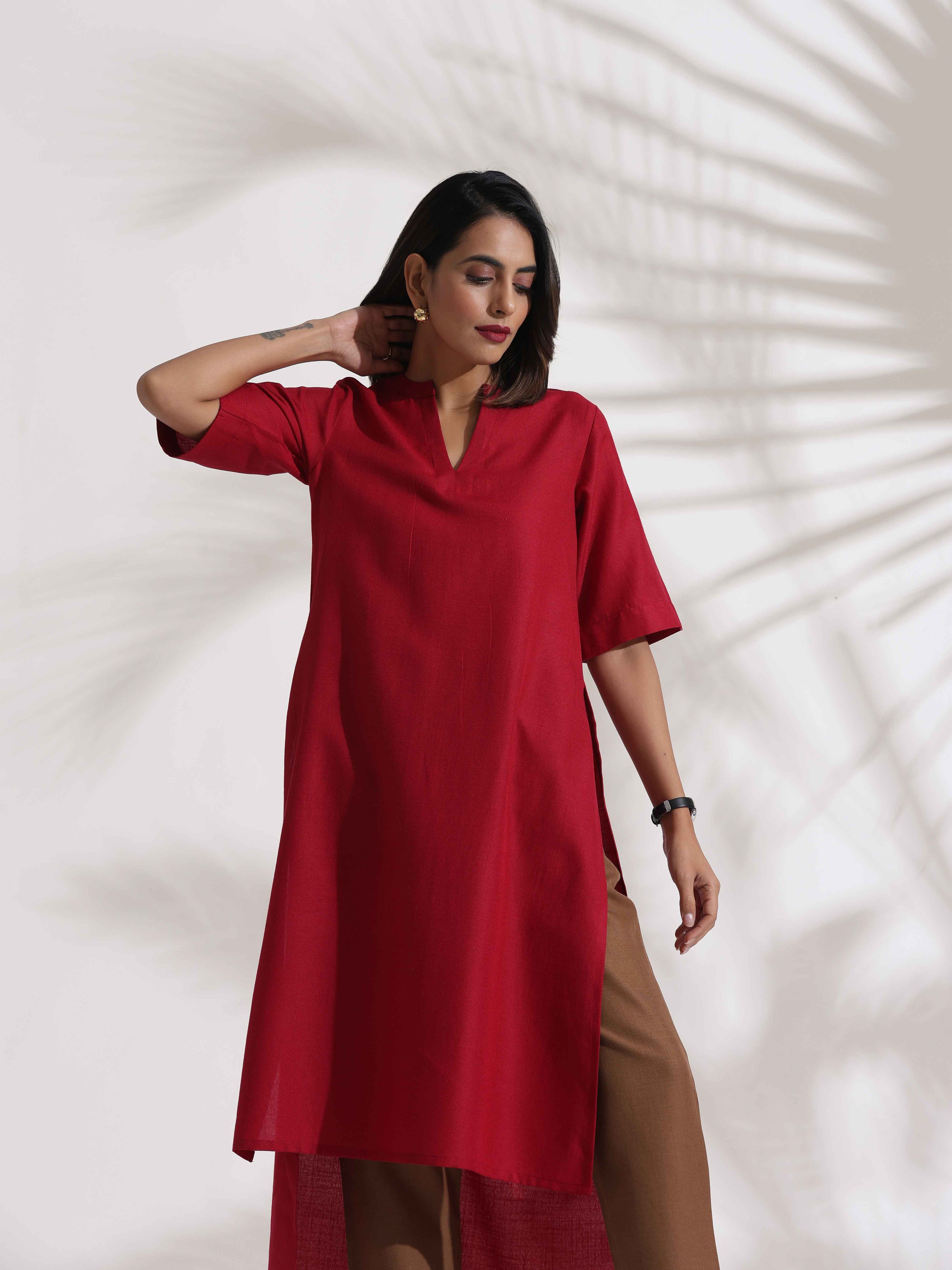 trueBrowns Maroon Slub Highslit Kurta Set - Distacart
