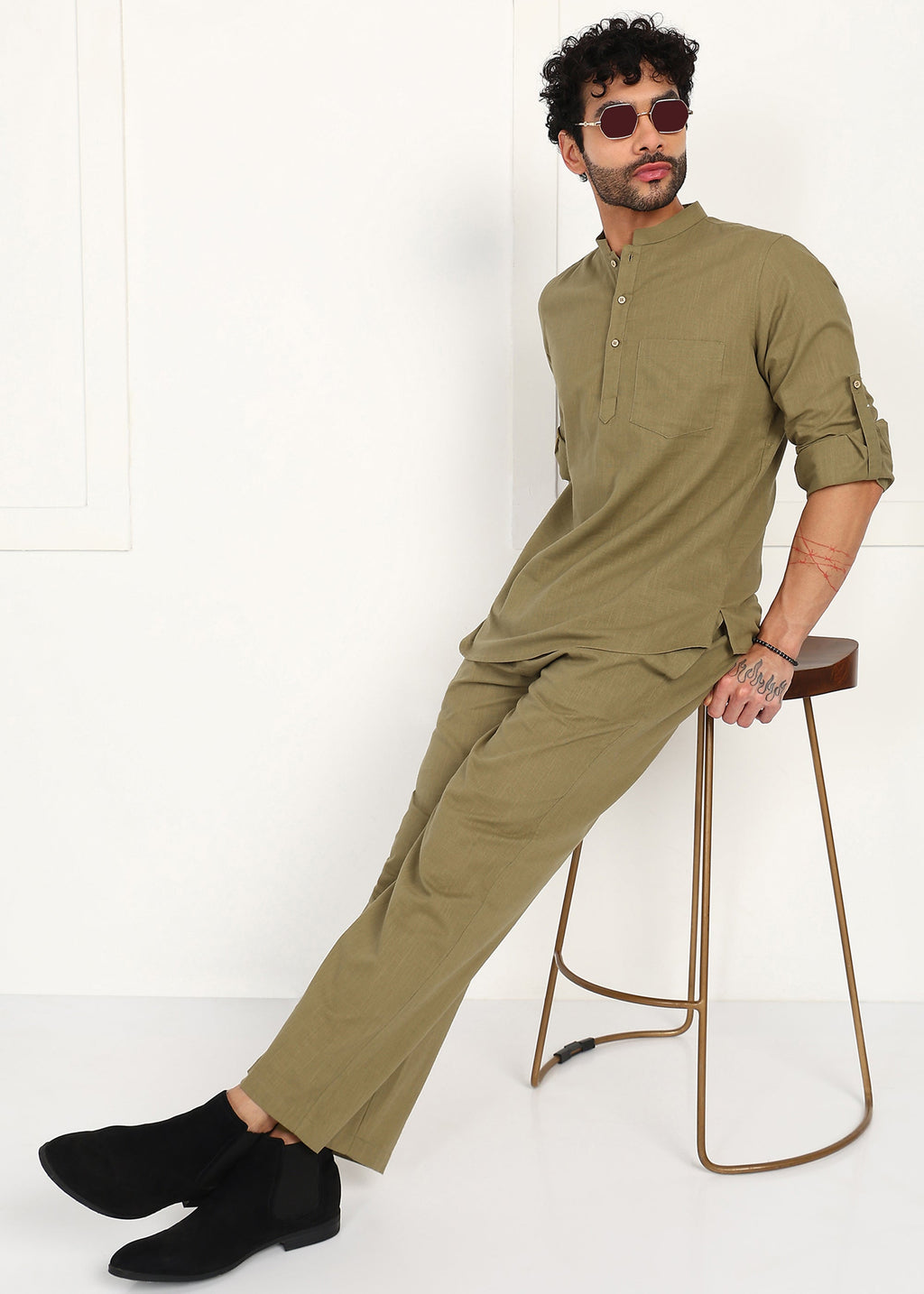 Fabmade Olive Dune Linen Short Kurta Co-Ord Set