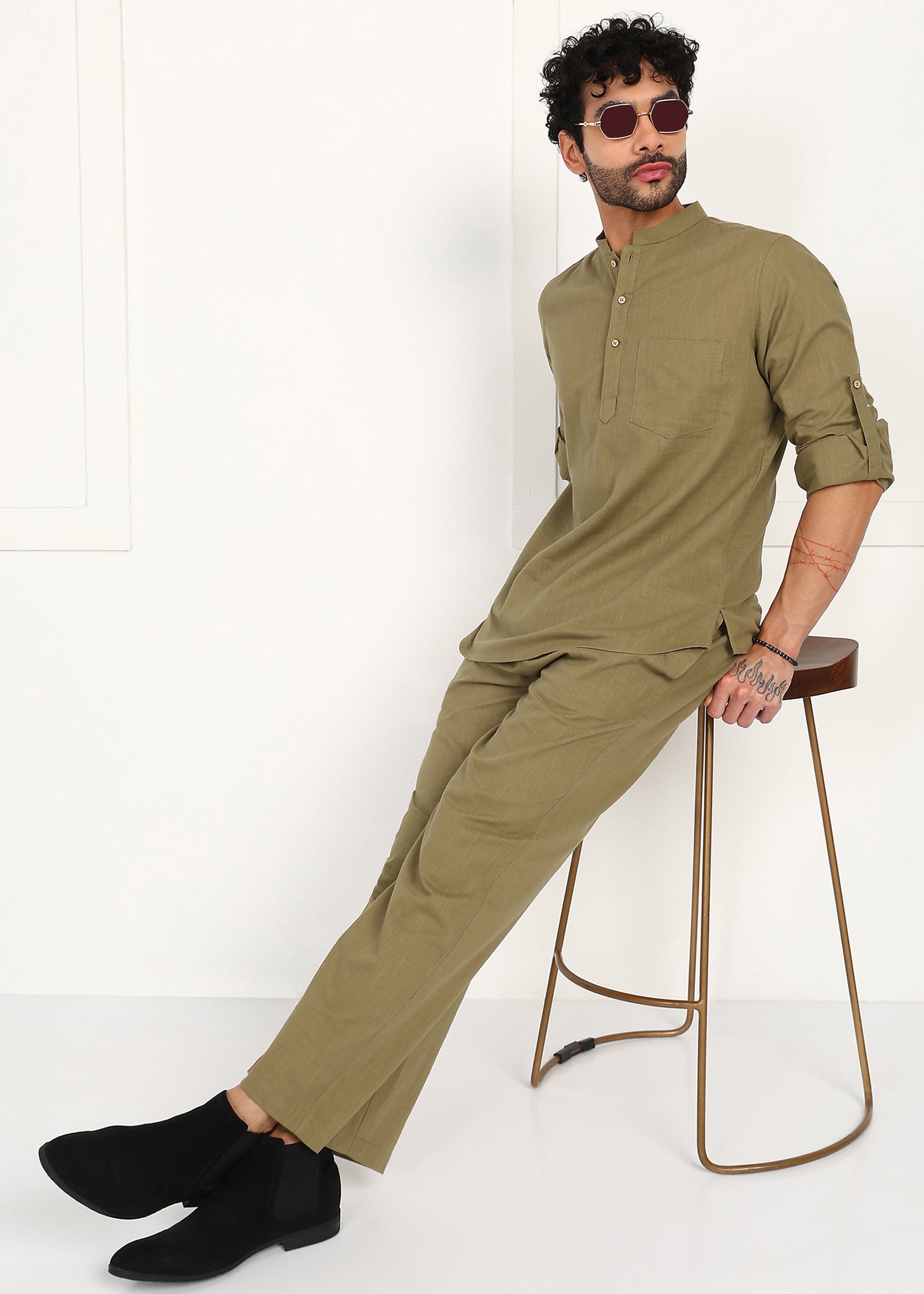 Fabmade Olive Dune Linen Short Kurta Co-Ord Set