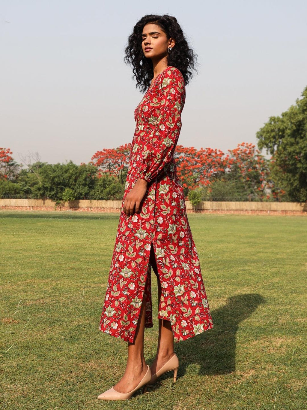 trueBrowns Red Cotton Block Print Backless Dress - Distacart