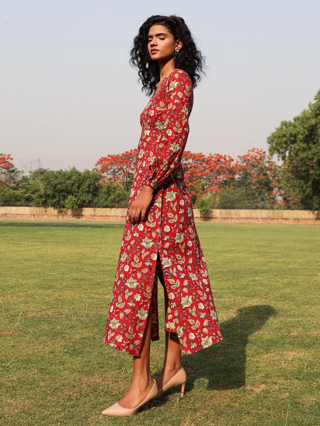 trueBrowns Red Cotton Block Print Backless Dress - Distacart