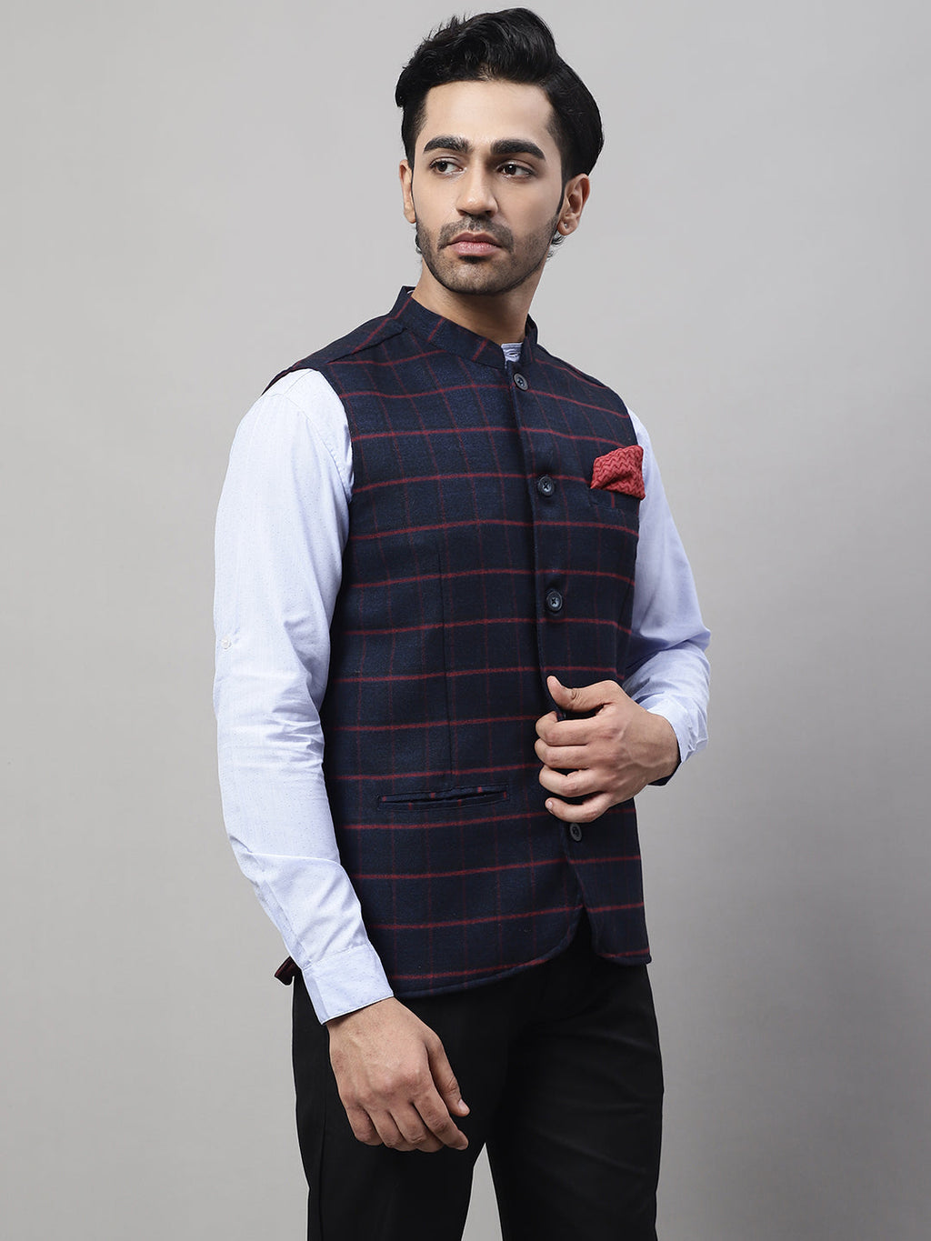 Even Apparels Men's Blue Nehru Jacket With Welt Pockets