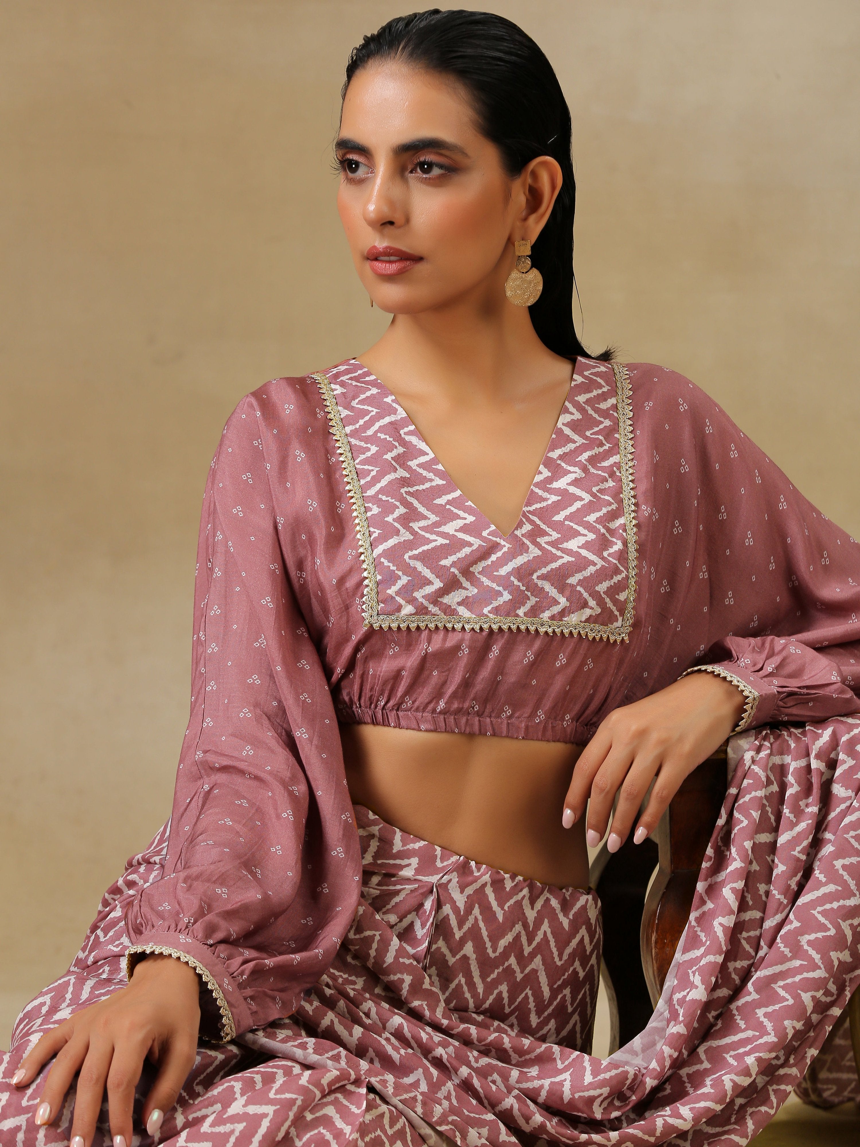 trueBrowns Dark Mauve Bandhani Printed Silk Elasticated Blouse