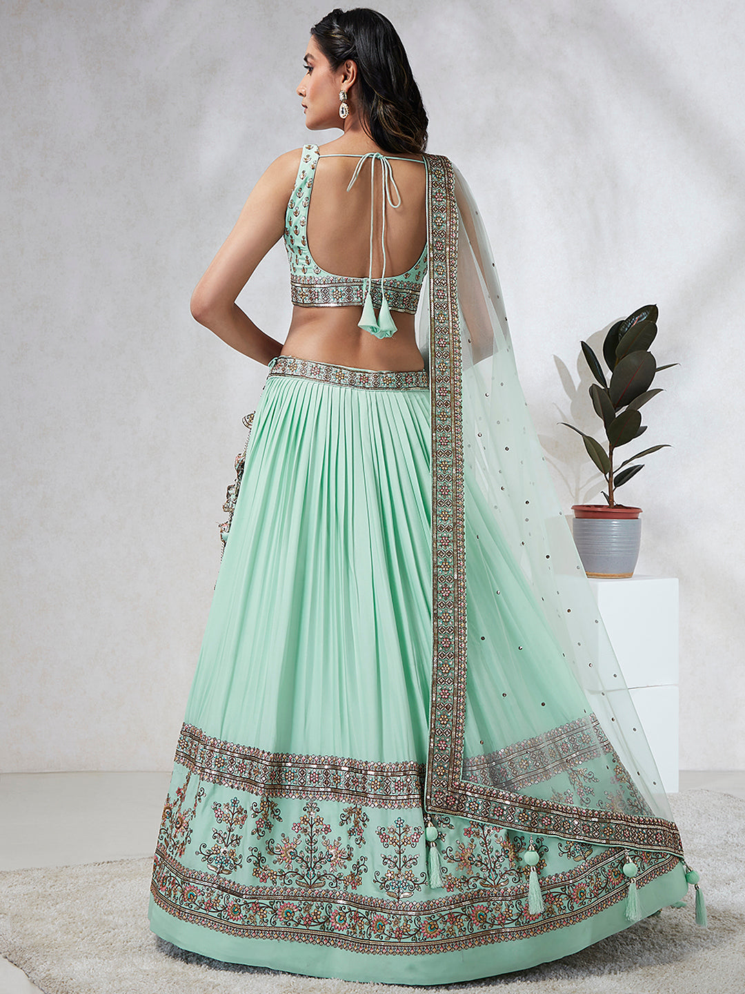 House of Panchhi Burgundy Pure Georgette Sequins And Thread Embroidery Lehenga Choli & Dupatta