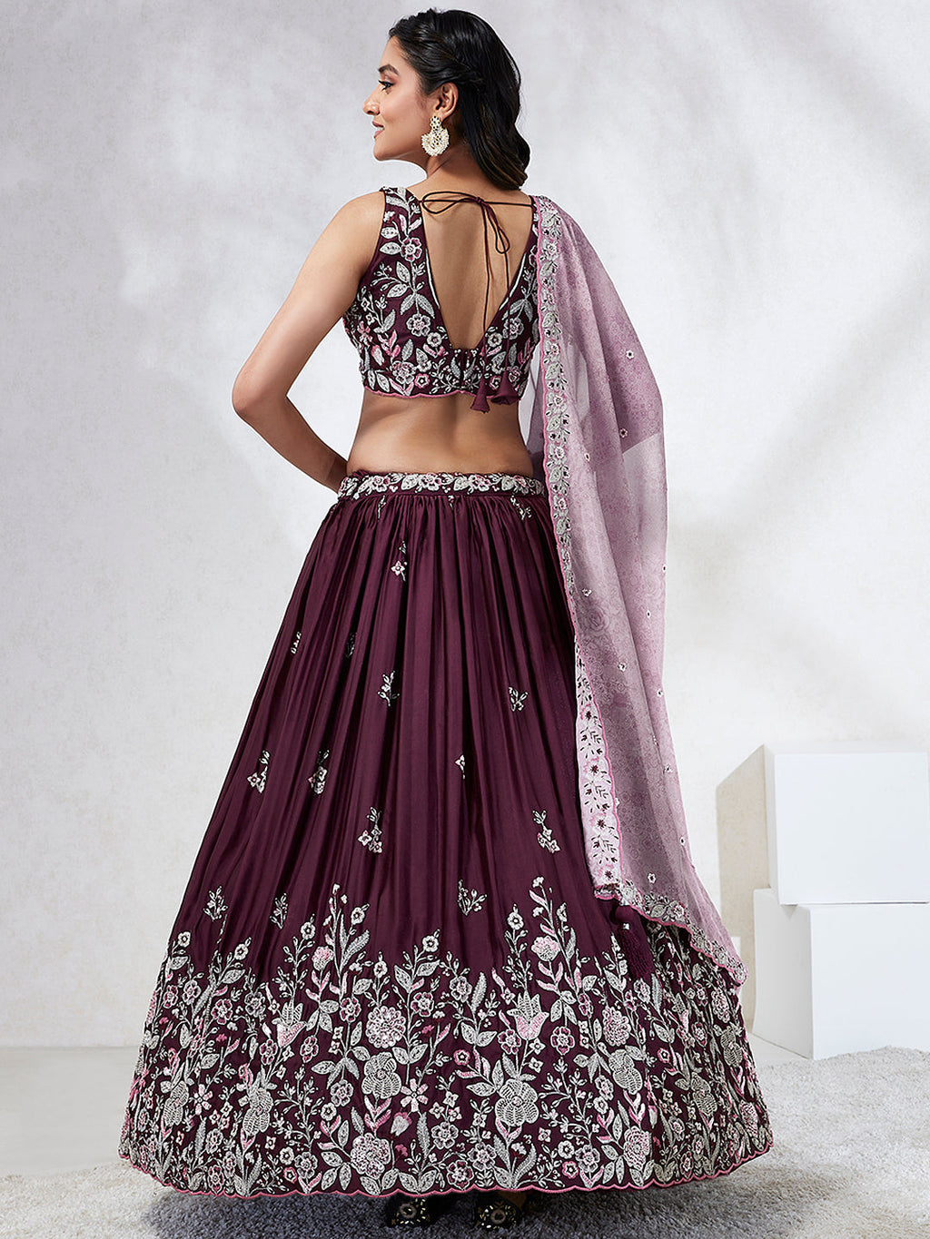 House of Panchhi Burgundy Pure Georgette Sequins And Thread Embroidery Lehenga Choli & Dupatta