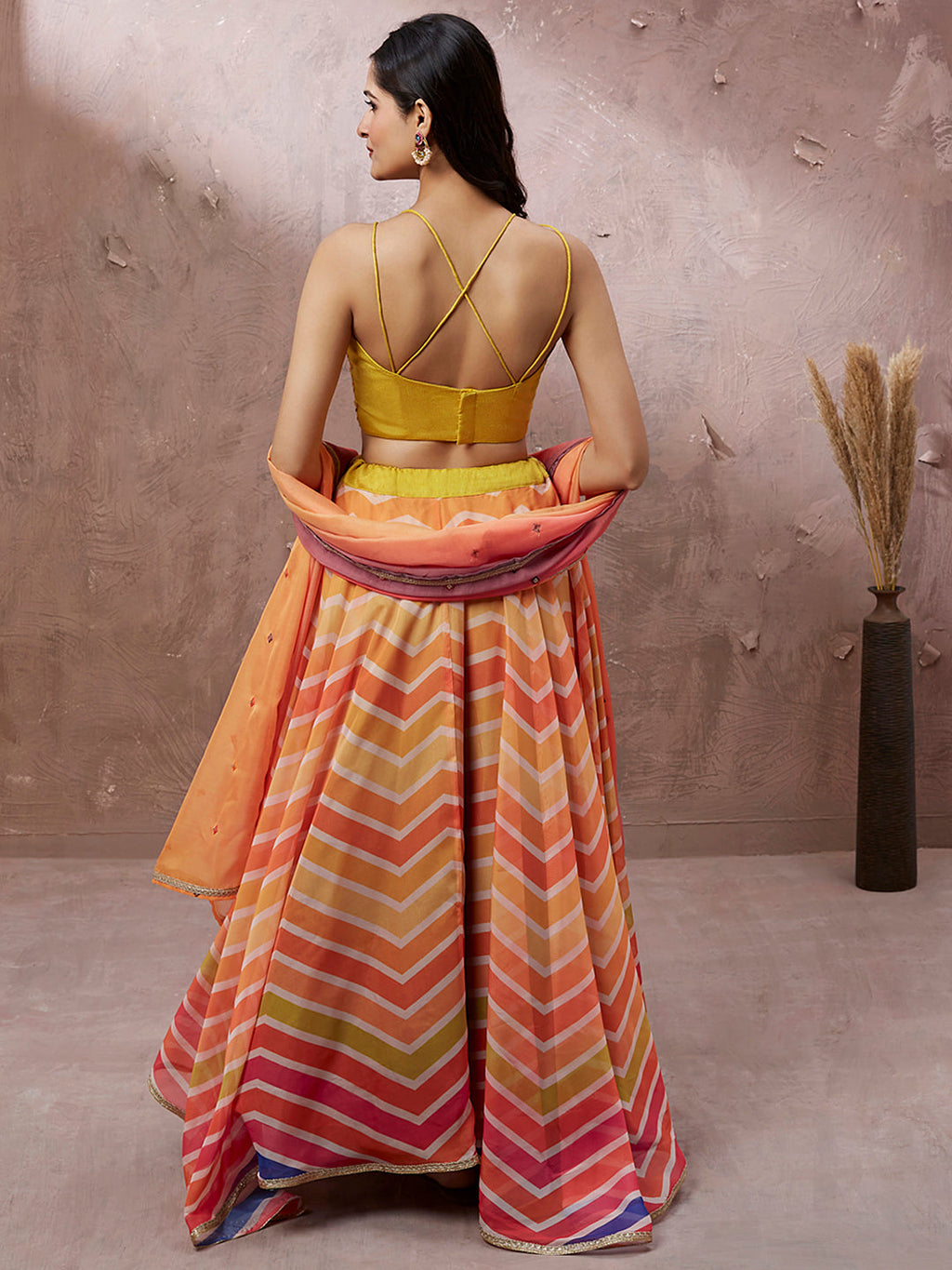 House of Panchhi Yellow Organza Leheriya Printed Lehenga Choli & Dupatta