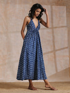 trueBrowns Indigo Dabu Floral Print Cotton Sleeveless Dress - Distacart