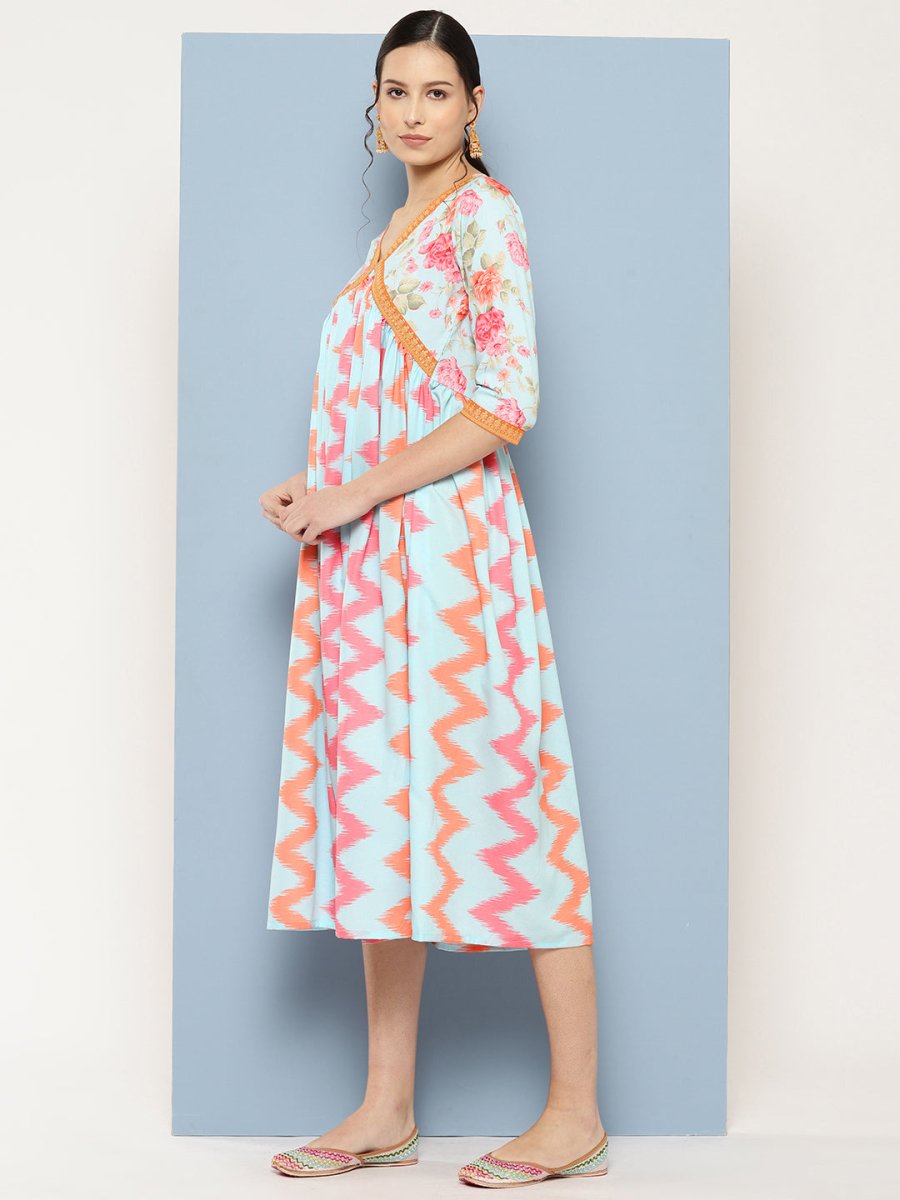 Ahalyaa Floral Printed Midi Empire Ethnic Dress - Distacart