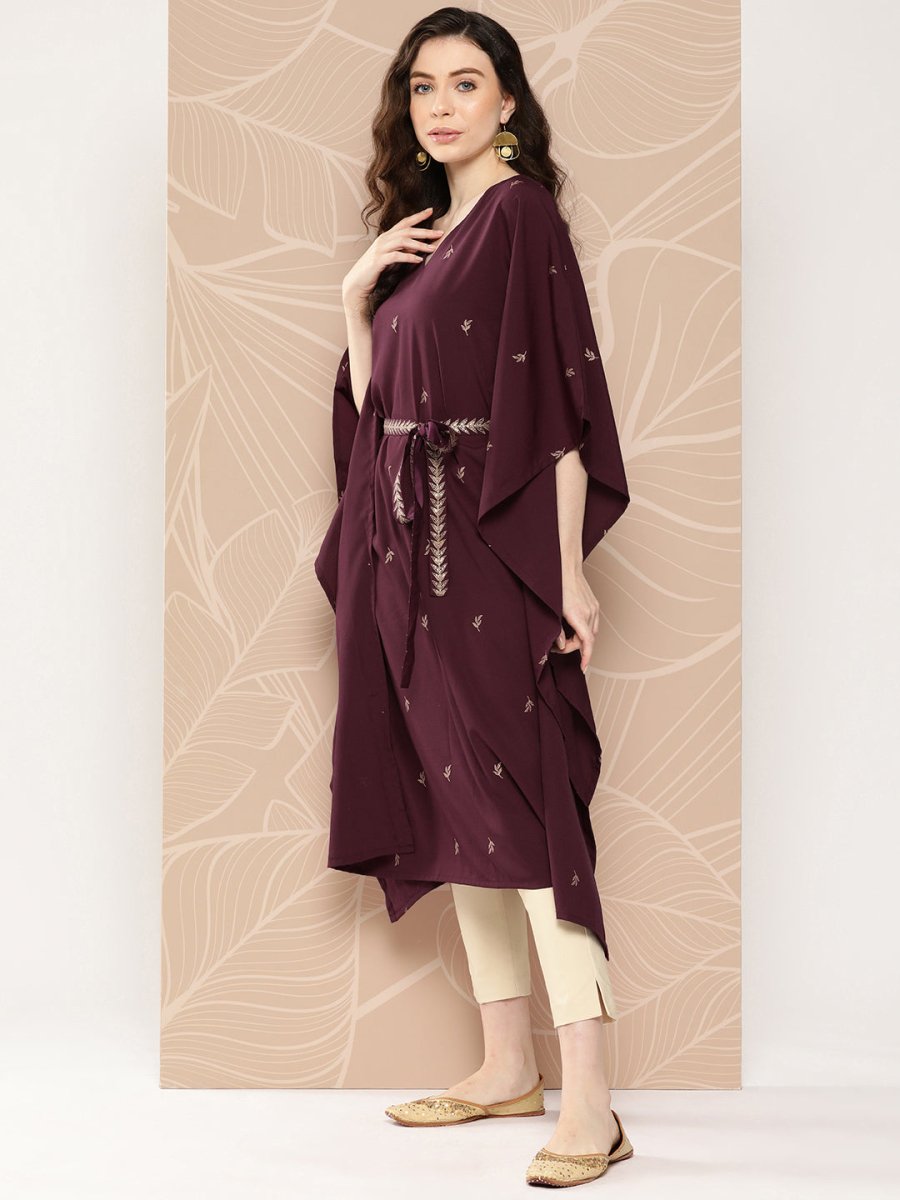 Ahalyaa Women Floral Printed Flared Sleeves Belted Detail Crepe Kaftan Kurta - Distacart