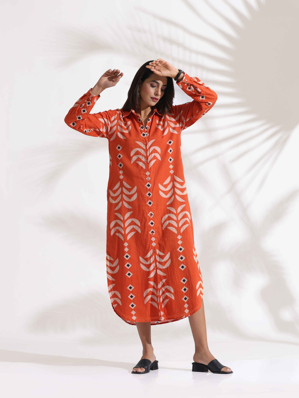 trueBrowns Orange Cotton Print Shirt Dress - Distacart
