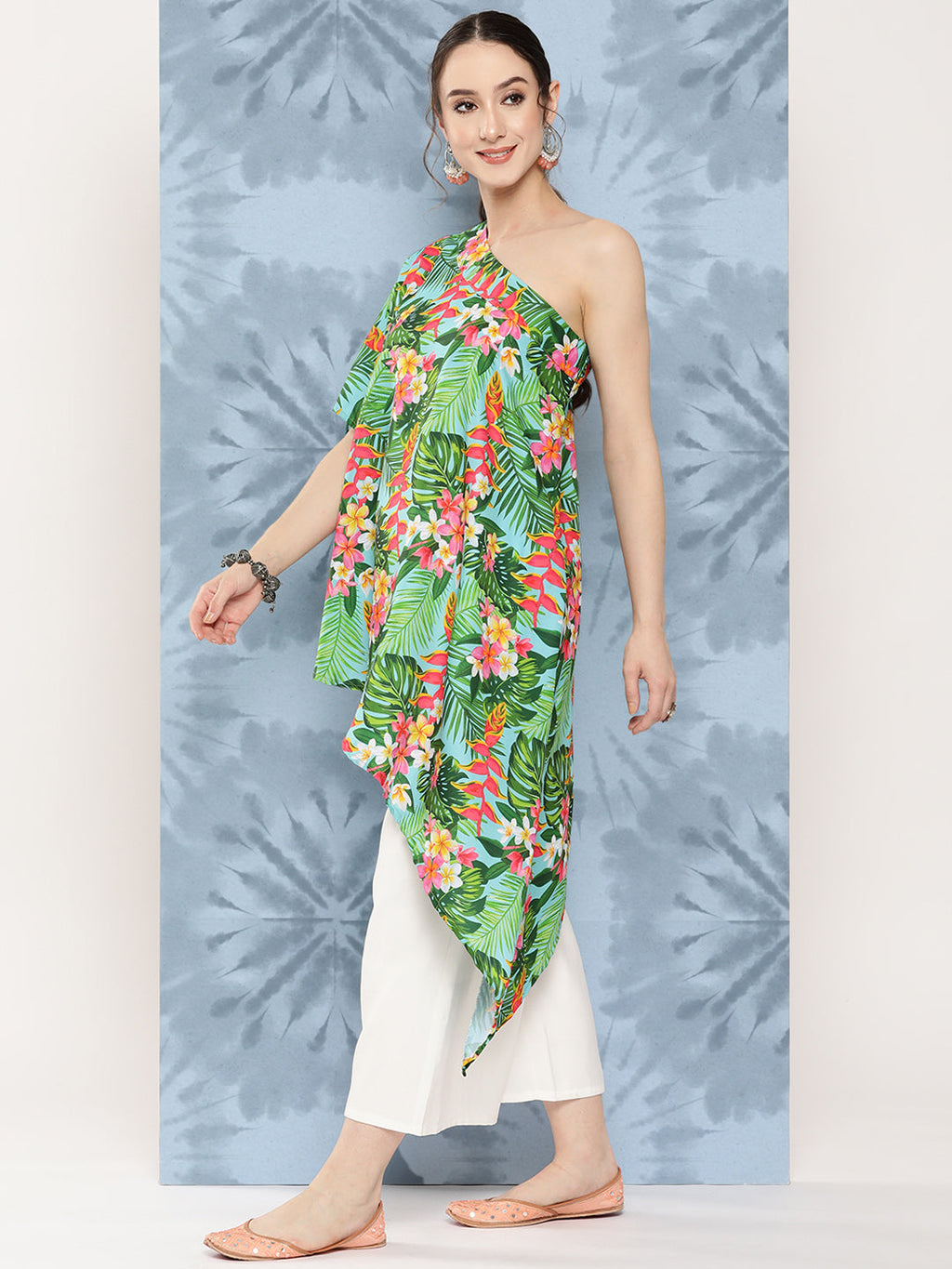 InWeave Women's Mint Green Leaf Japanese Art Oneshoulder Top