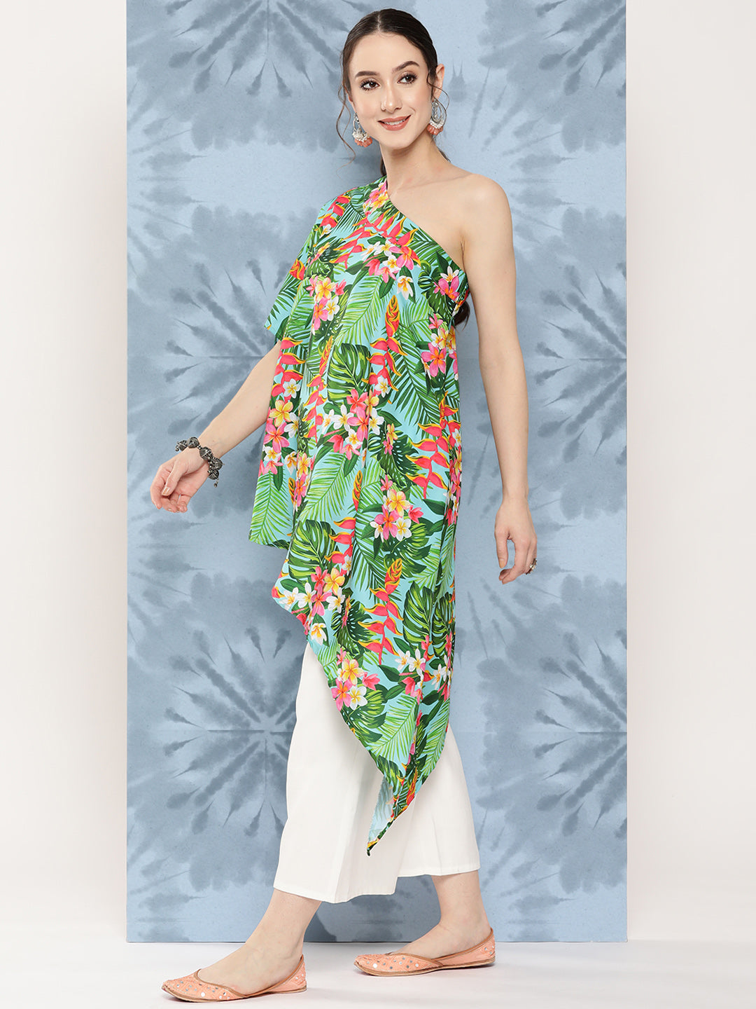 InWeave Women's Mint Green Leaf Japanese Art Oneshoulder Top