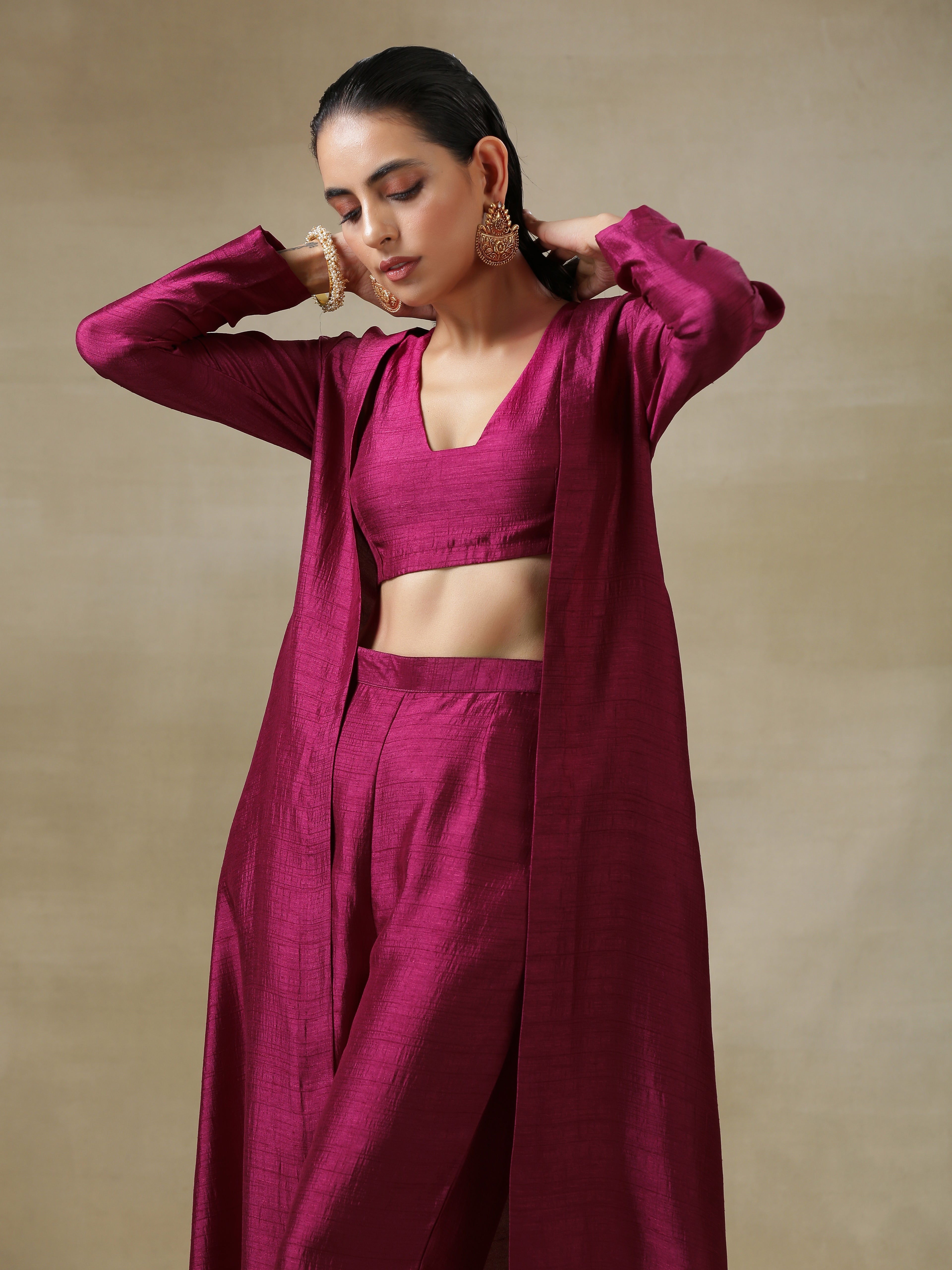 trueBrowns Purple Textured Silk Overlay Jacket Blouse Pant Set | Relove - Distacart