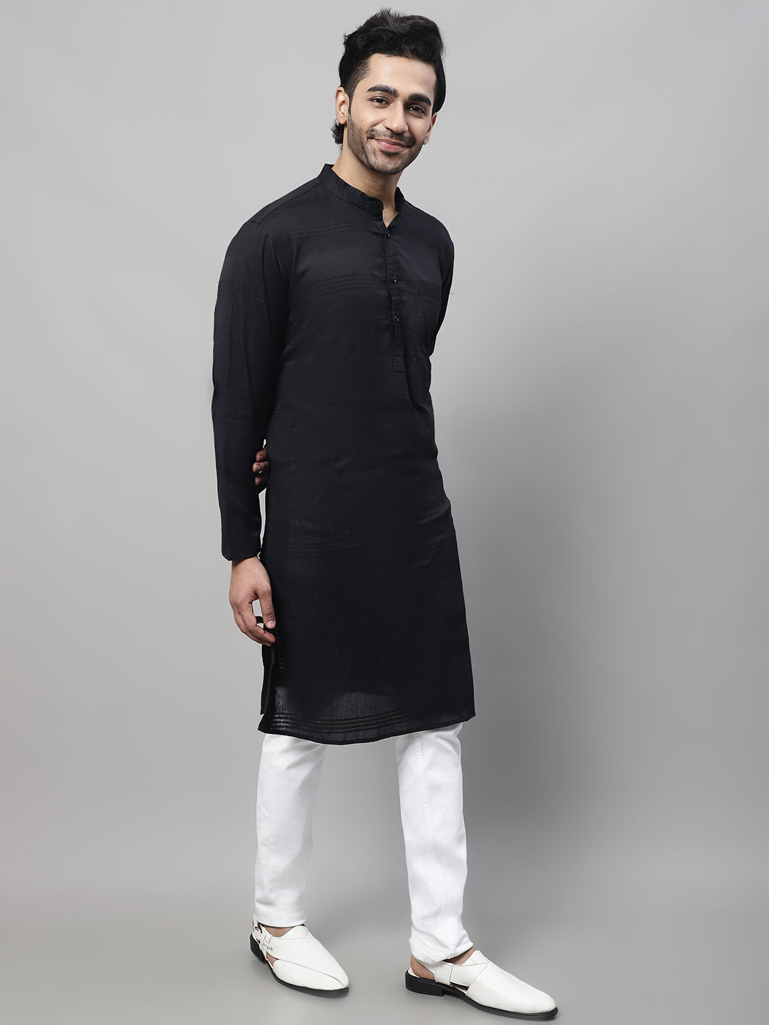 Even Apparels Black Pure Cotton Kurta With Band Collar