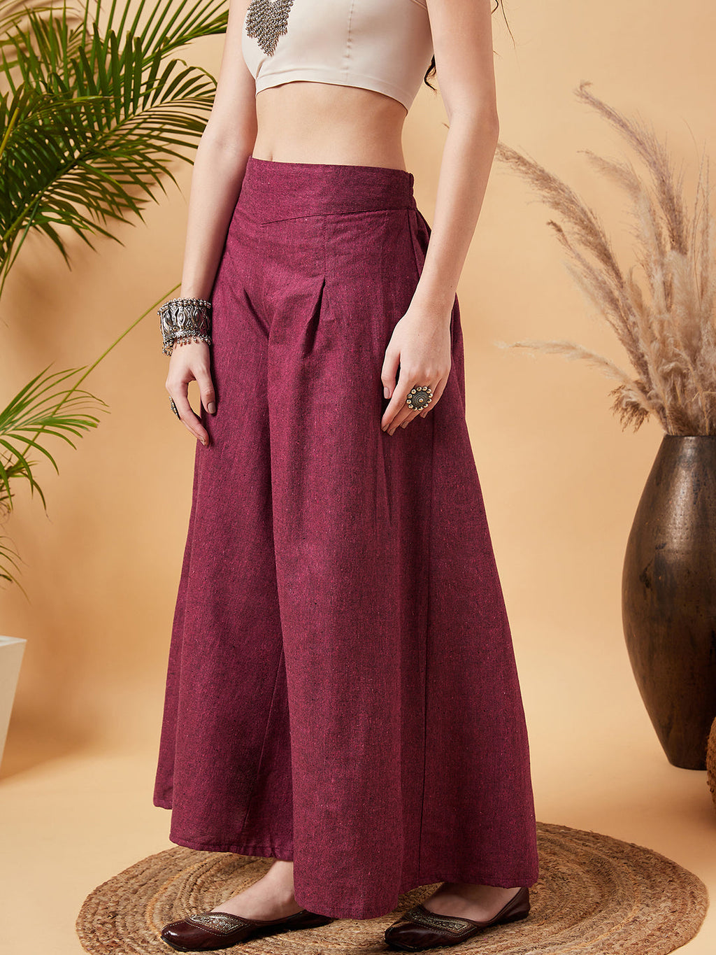 InWeave Women's Pink Wine Handloom Palazzo