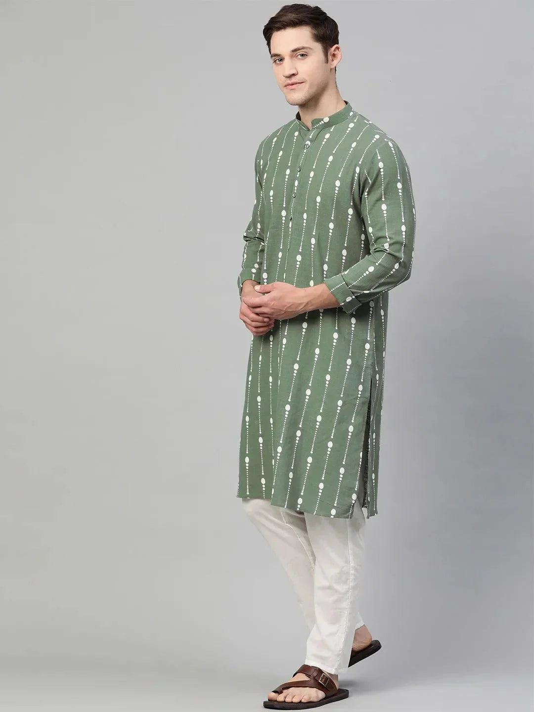 Fabmade Green And White Printed Straight Kurta