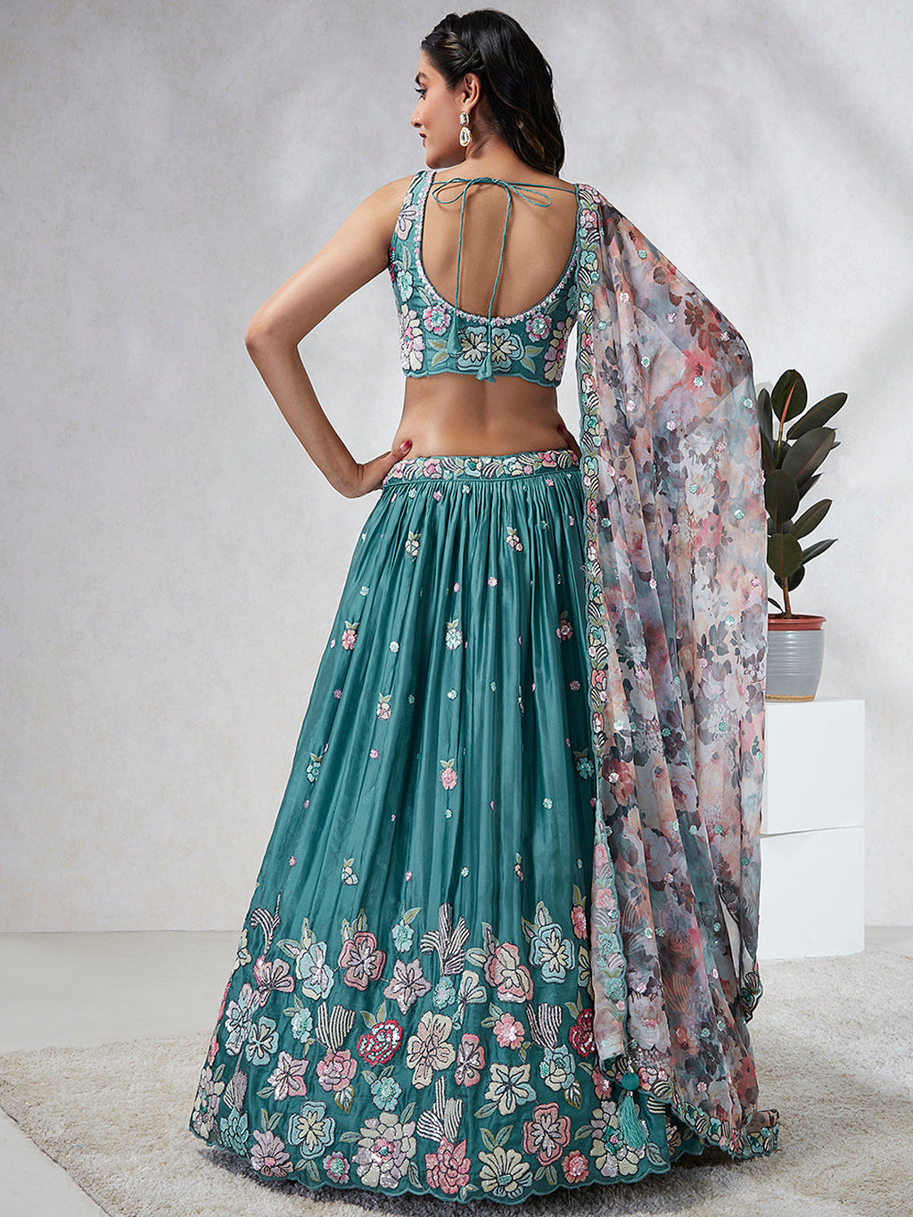 House of Panchhi Turquoise Blue Georgette Sequins And Thread Embroidery Lehenga Choli & Dupatta