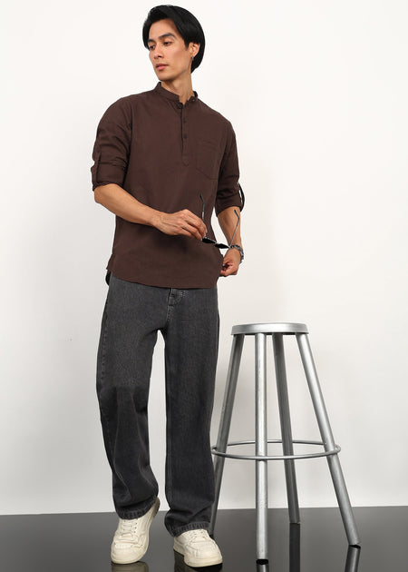 Fabmade Cocoa Drift Linen Short Kurta