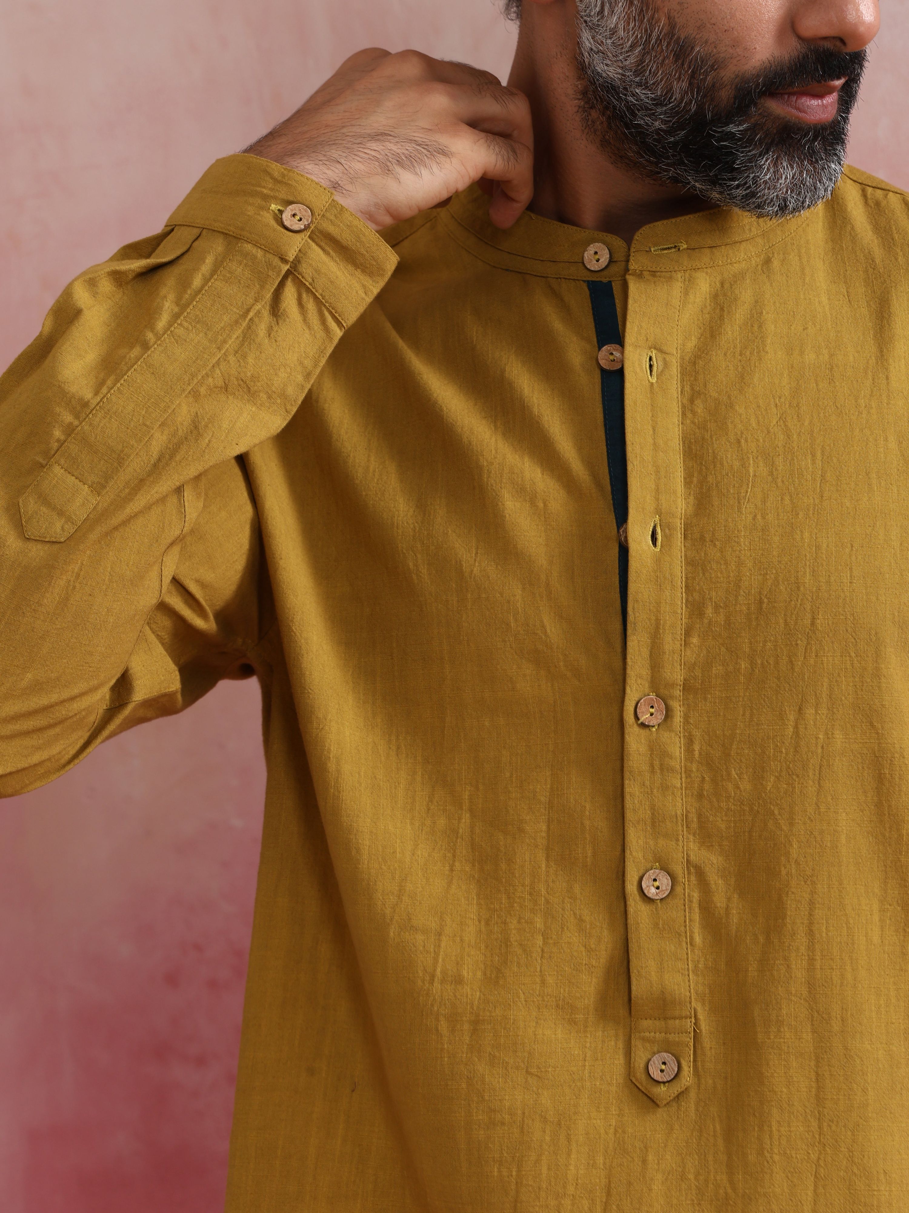trueBrowns Men's Mustard Cotton Mandarin Collar Stylized Kurta