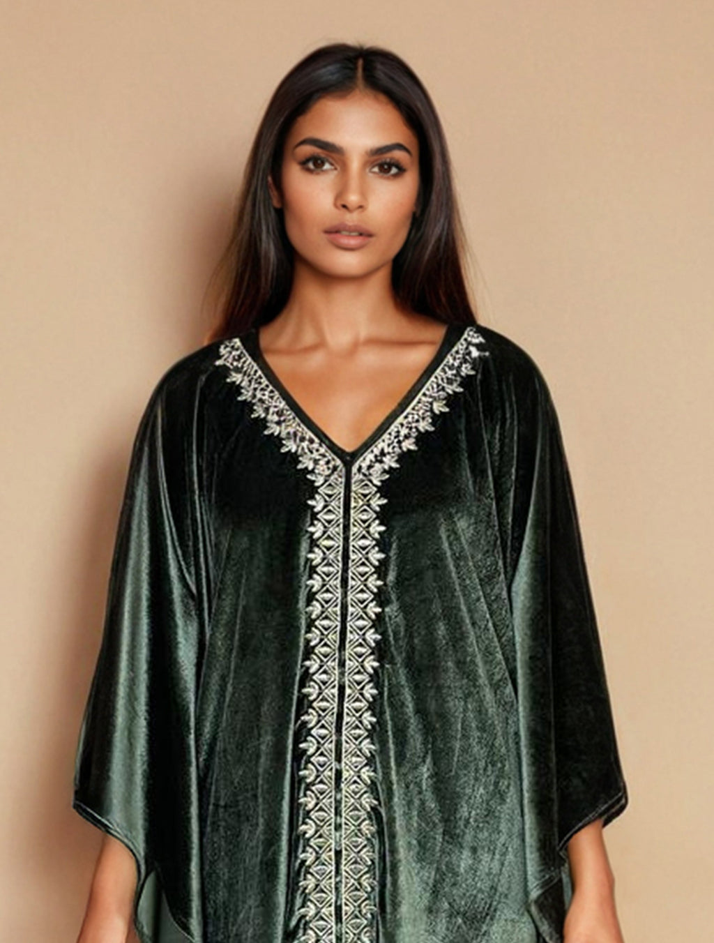 trueBrowns Olive Green Velvet Embroidered Kaftan Kurta Set - Distacart