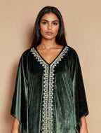 trueBrowns Olive Green Velvet Embroidered Kaftan Kurta Set - Distacart