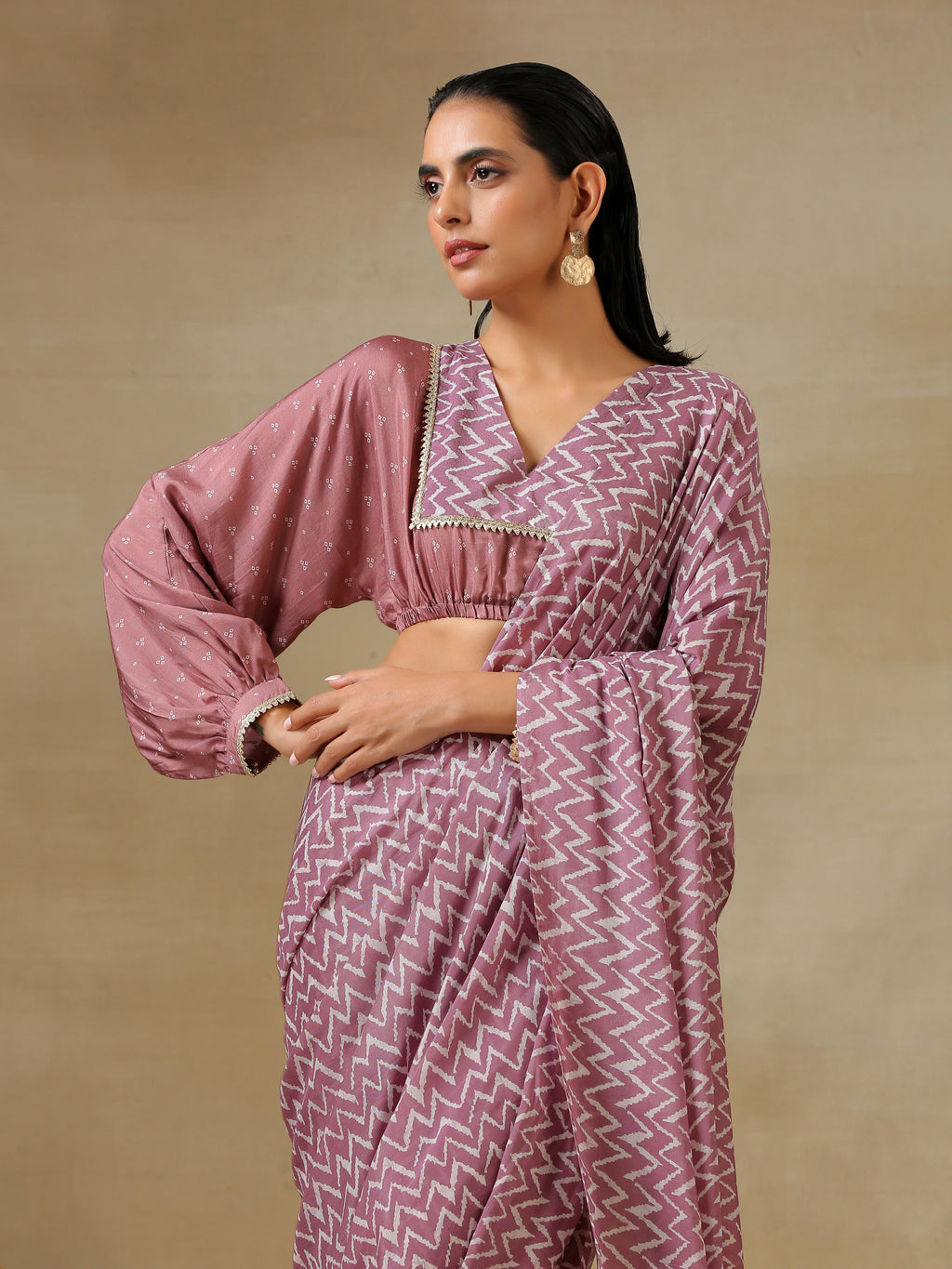 trueBrowns Dark Mauve Bandhani Printed SilkReady to Wear Saree