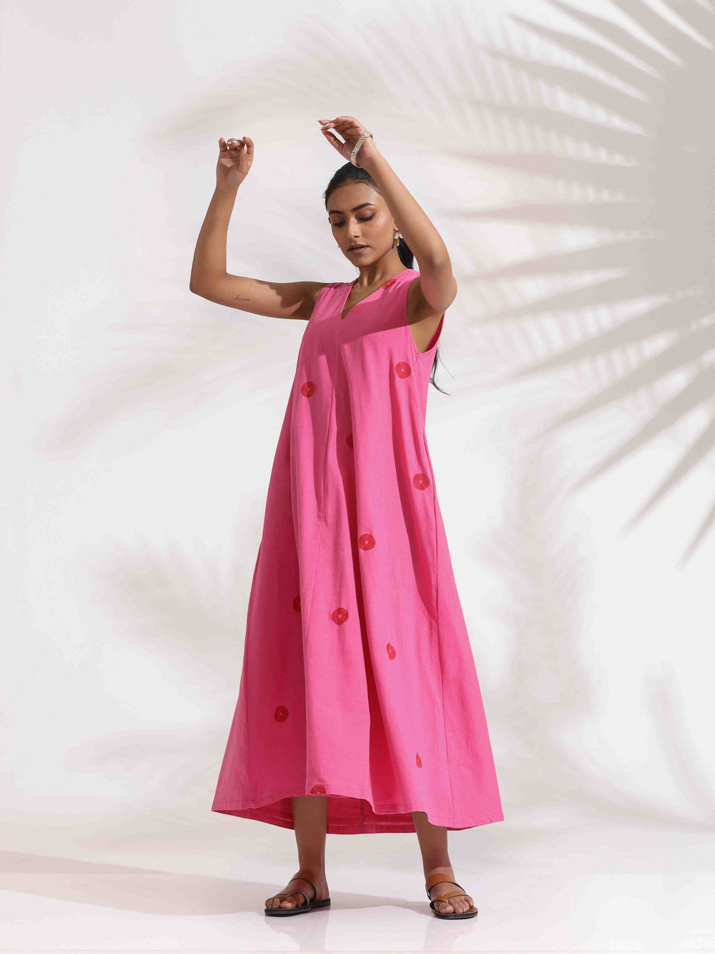 trueBrowns Pink Cotton Embroidered Flared Dress - Distacart