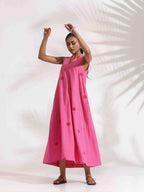 trueBrowns Pink Cotton Embroidered Flared Dress - Distacart