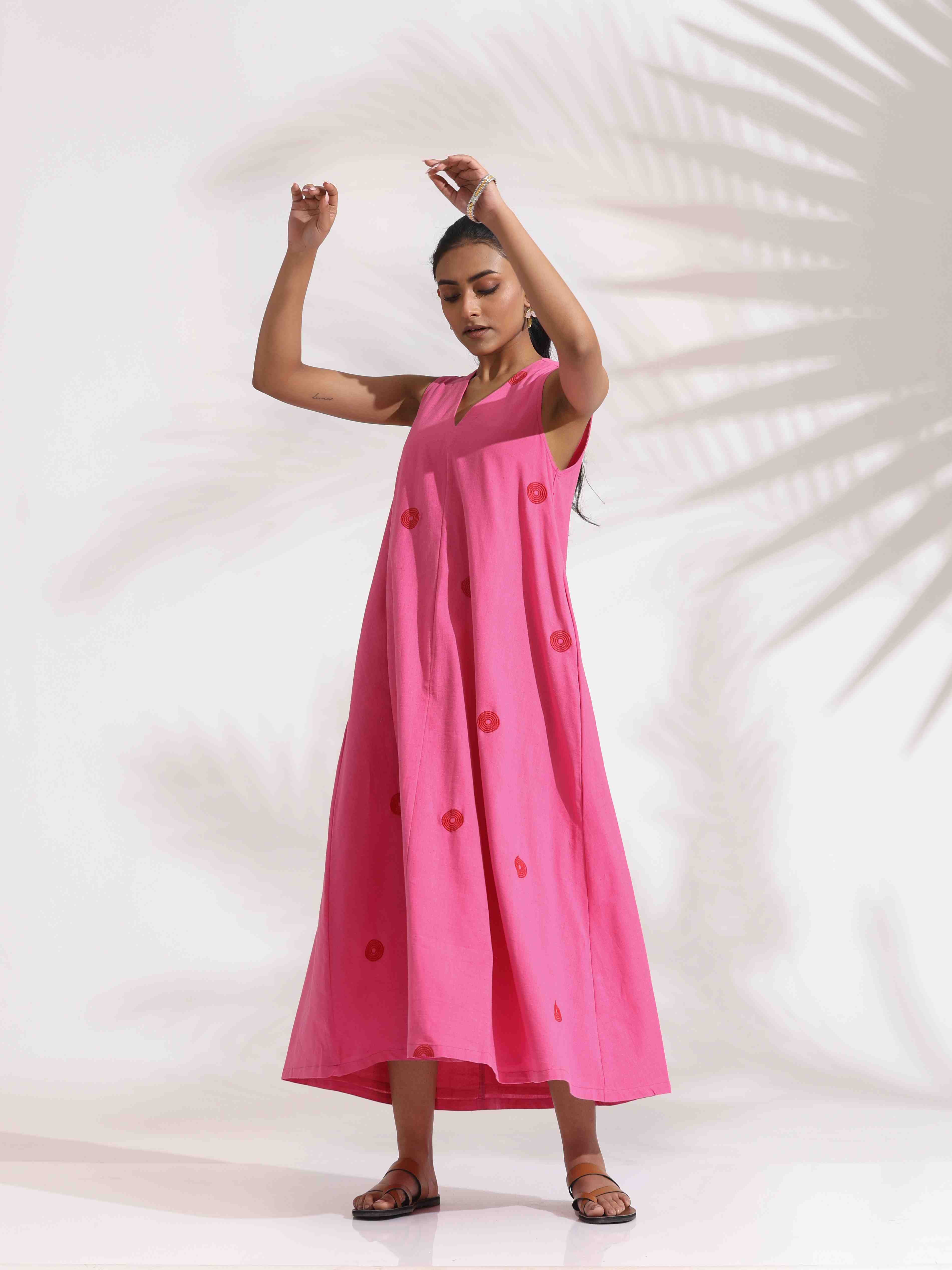 trueBrowns Pink Cotton Embroidered Flared Dress - Distacart